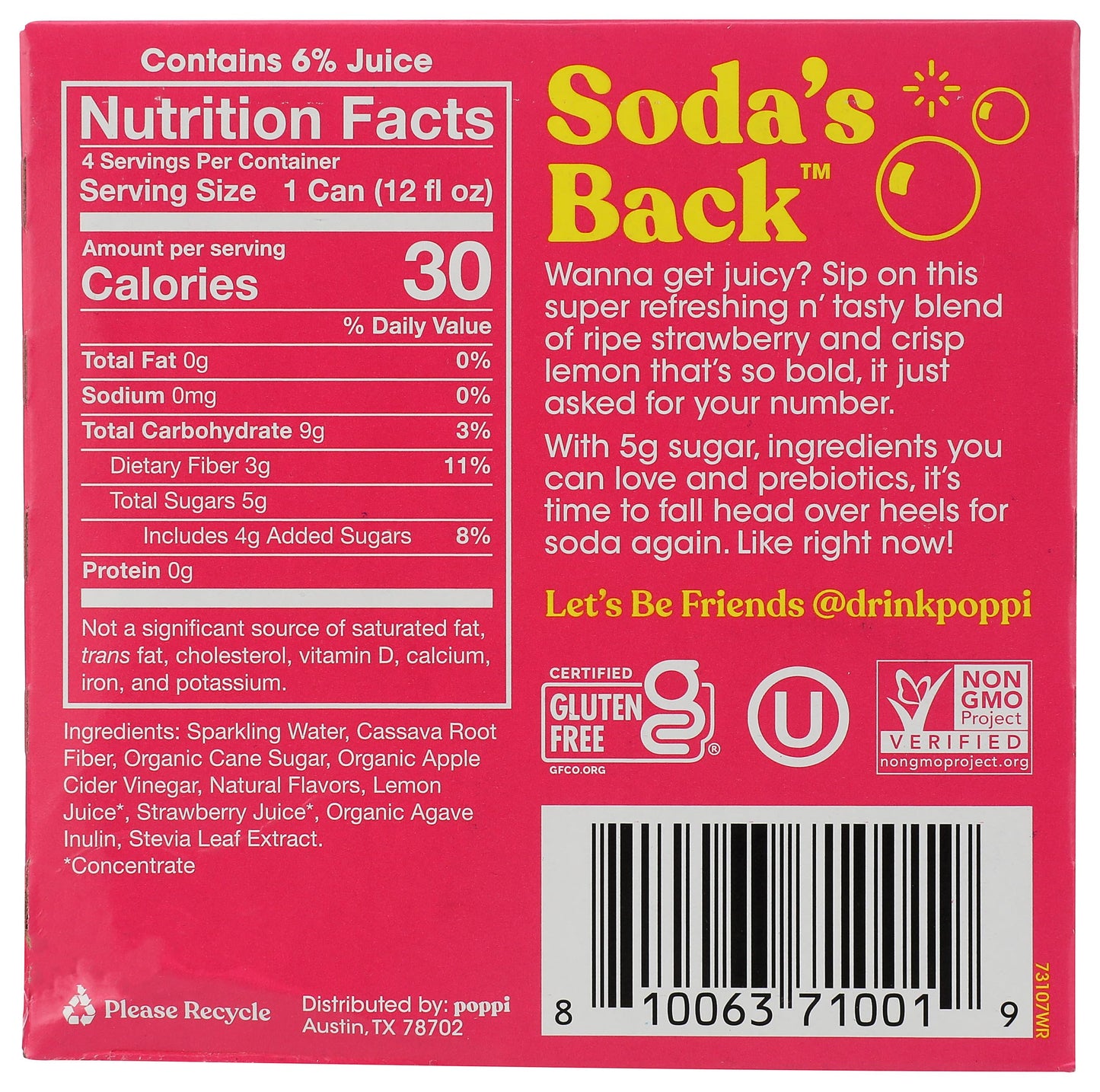 Poppi Strawberry Lemon Prebiotic Soda 4 pack