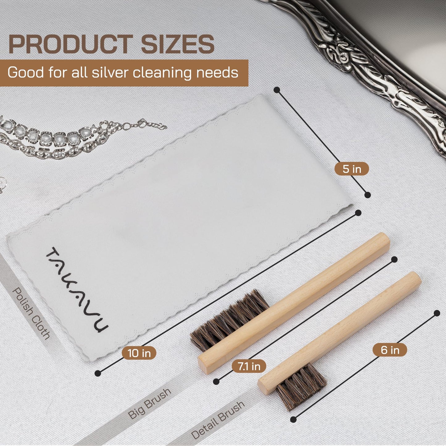 Horsehair Detail Brush Set 2pcs Silver Cleaning Brushes & Polish Cloth Perfect for Detailing, Polish Work, Fine and Heirloom Silverware Plateware