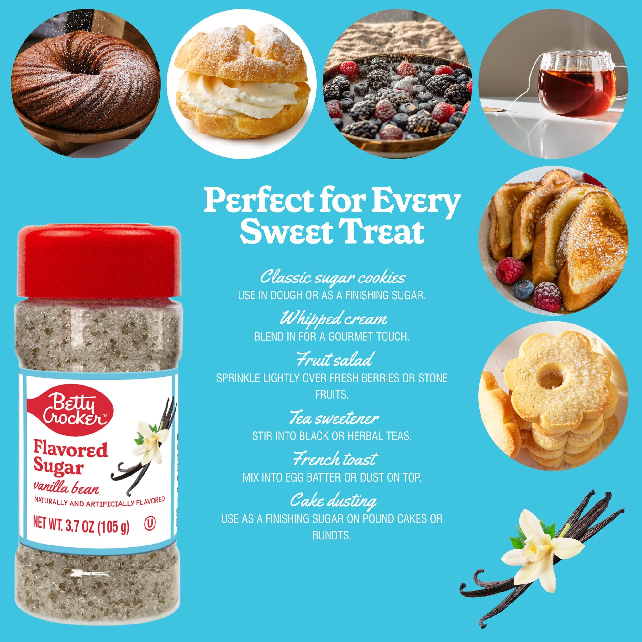 Betty Crocker Vanilla Bean Flavored Sugar - Classic Dessert Sugar for Baking, Drinks & More, 3.7 oz