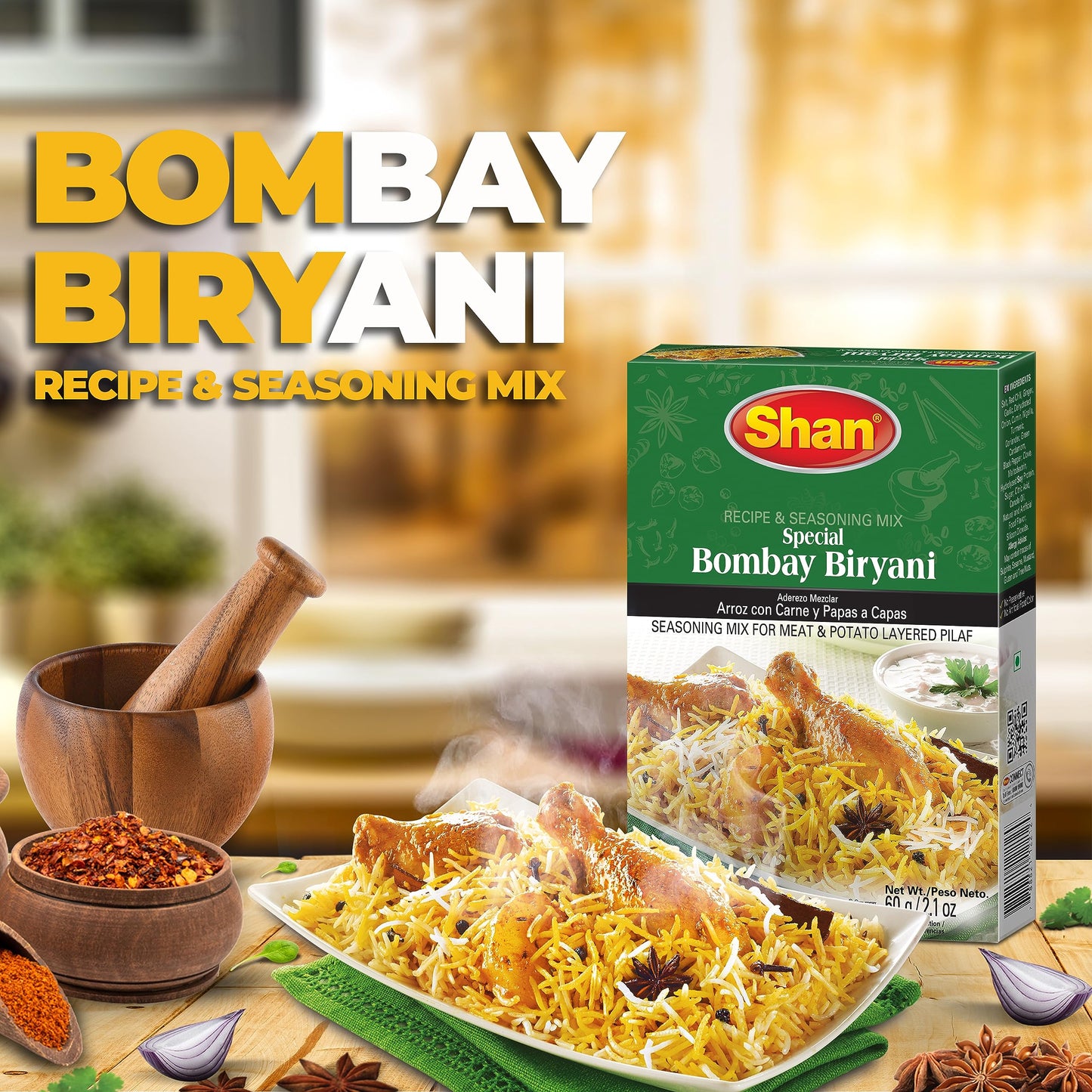 Shan Bombay Biryani Recipe and Seasoning Mix 2.11 oz (60g) - Spice Powder for Meat and Potato Layered Pilaf - Suitable for Vegetarians - Airtight Bag
