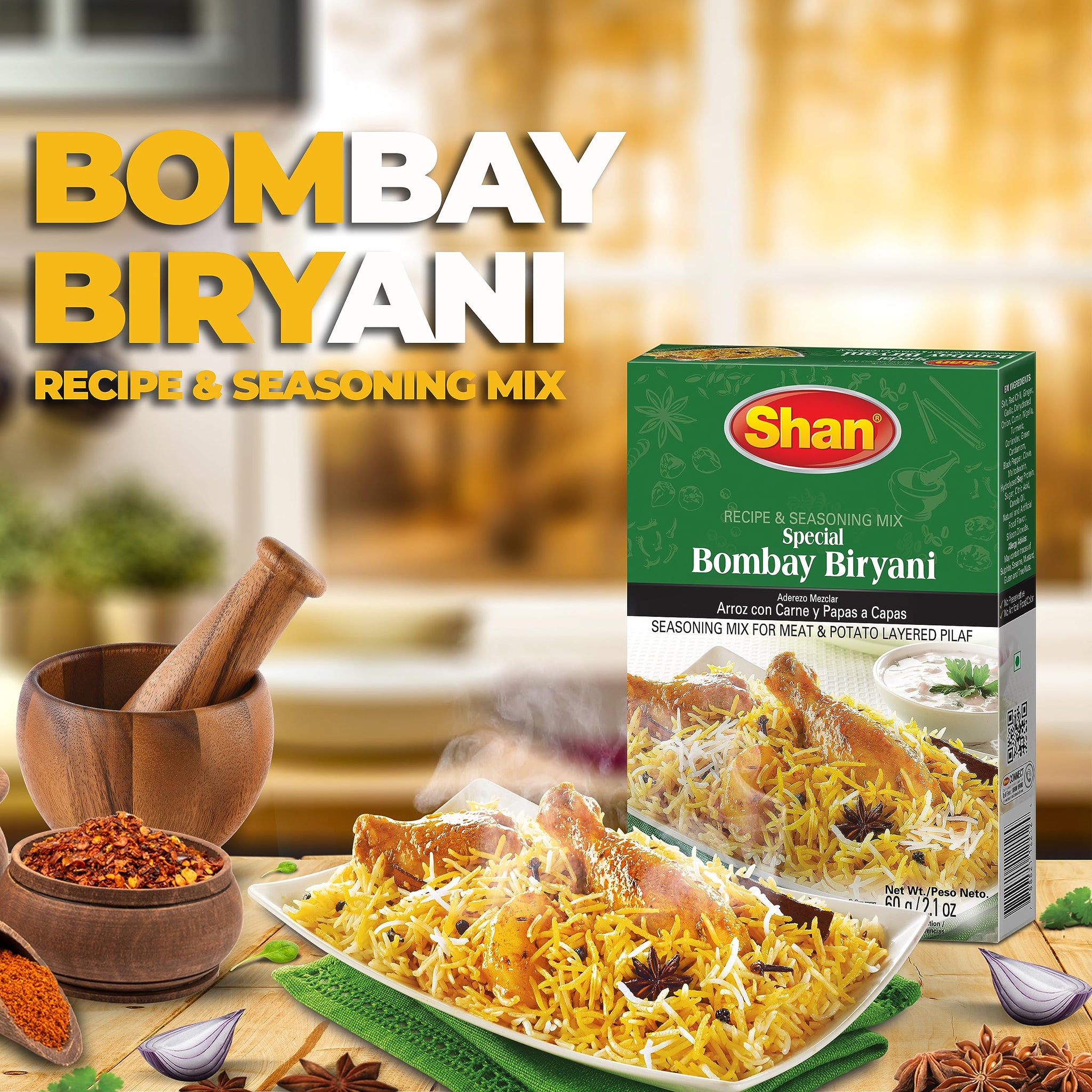 Shan Bombay Biryani Recipe and Seasoning Mix 2.11 oz (60g) - Spice Powder for Meat and Potato Layered Pilaf - Suitable for Vegetarians - Airtight Bag