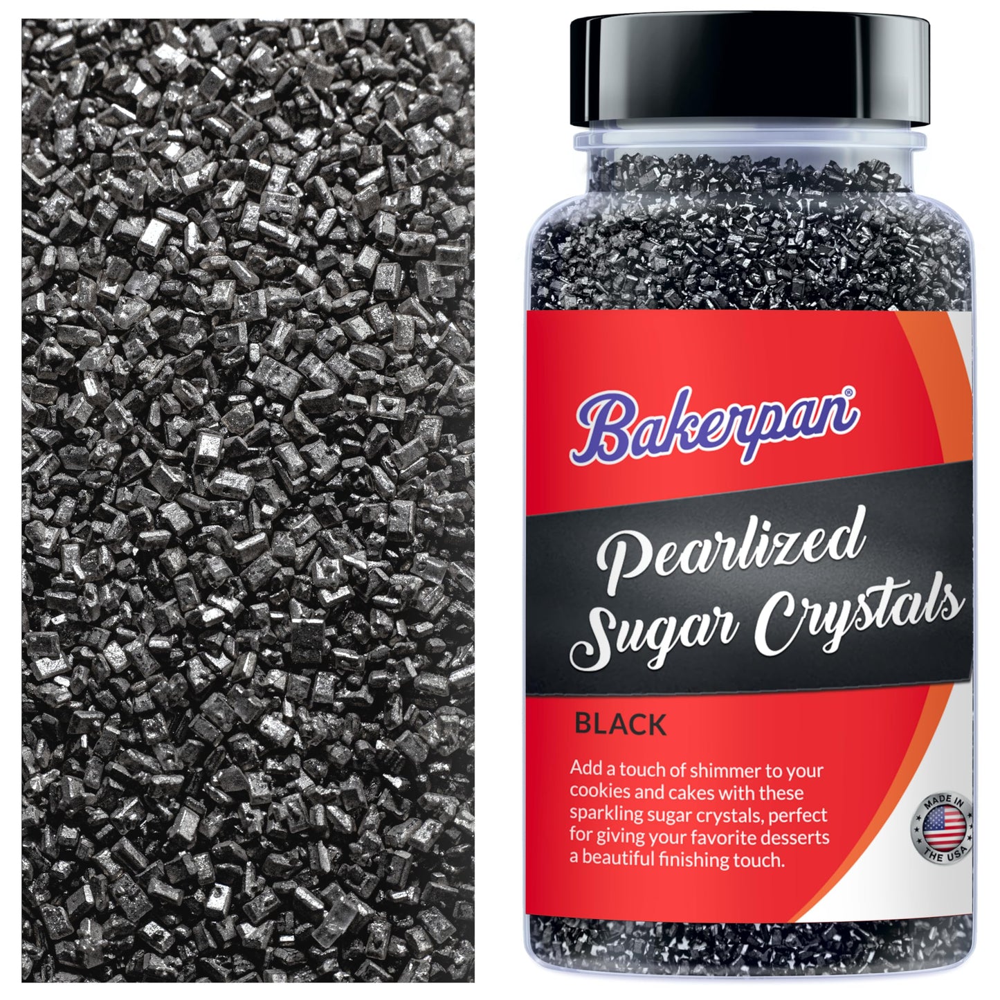 Bakerpan Pearlized Sugar Sprinkles for Baking - 5 Ounce - Sparkling Black Decorating Sugar Crystals for Cookies, Cake Pops, Ice Cream (Made in USA)