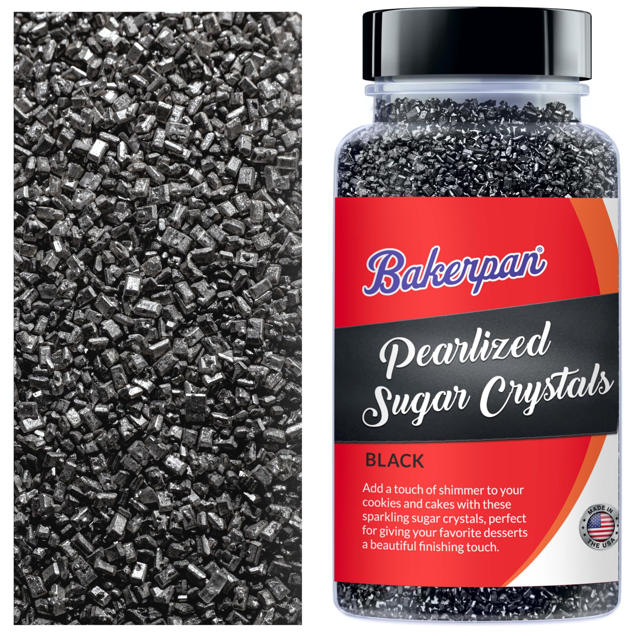 Bakerpan Pearlized Sugar Sprinkles for Baking - 5 Ounce - Sparkling Black Decorating Sugar Crystals for Cookies, Cake Pops, Ice Cream (Made in USA)