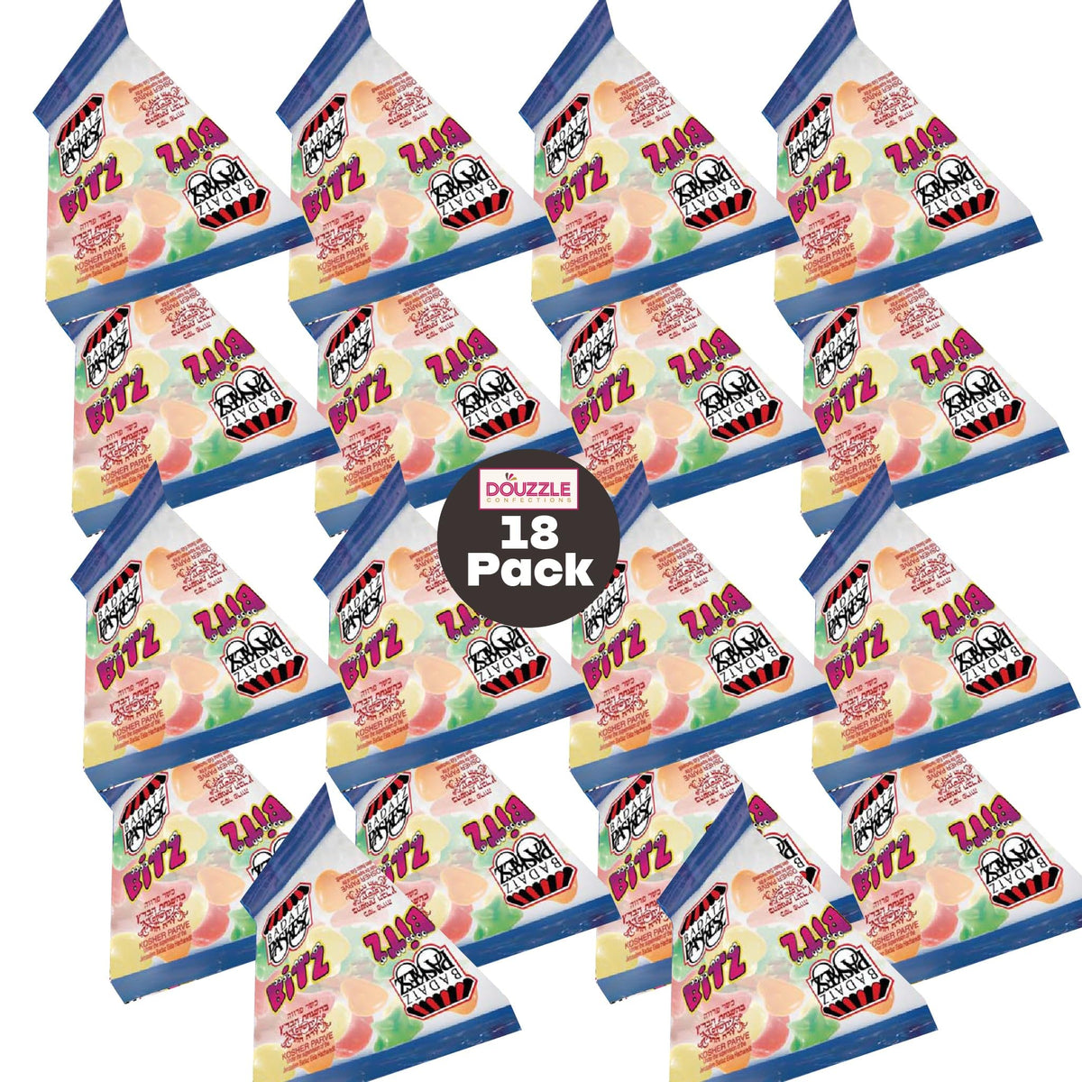 DOUzzle Kosher, Fun-Shaped Bitz, Mini Assorted Fruit Candy Packs, (18 Count, 1 Pack) Birthday Party Favors & Goodie Bags, Mini Dulces