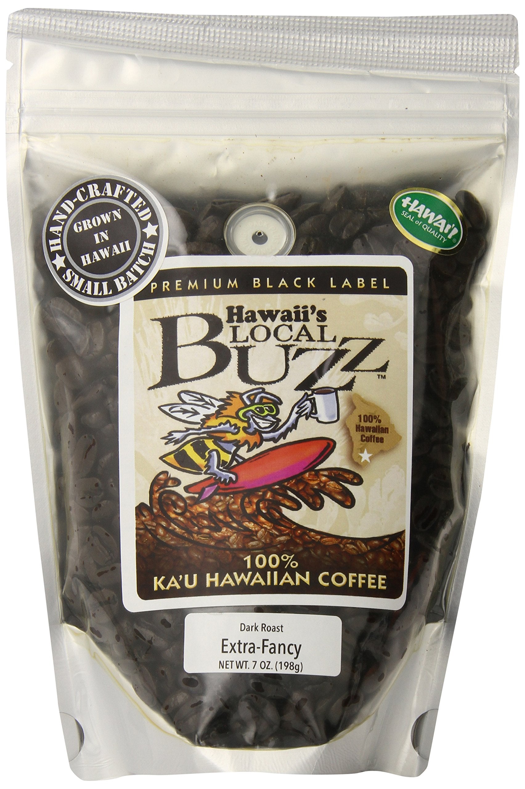 Hawaii's Local Buzz Premium Black Label Extra Fancy, Dark Roast Whole Bean, 7 Ounce