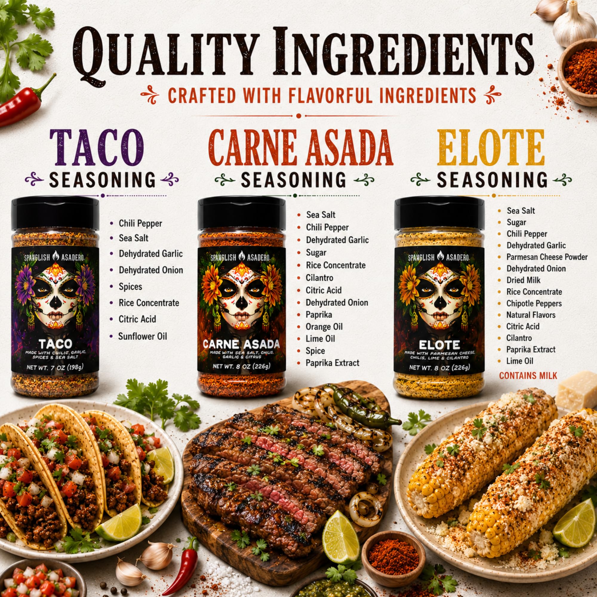 Spanglsh Asadro Mexican Street Flavor Collection, Taco, Elote & Carne Asada Seasonings, Mexican-Inspired Spice Blends for Tacos, Corn, Steak, Chicken