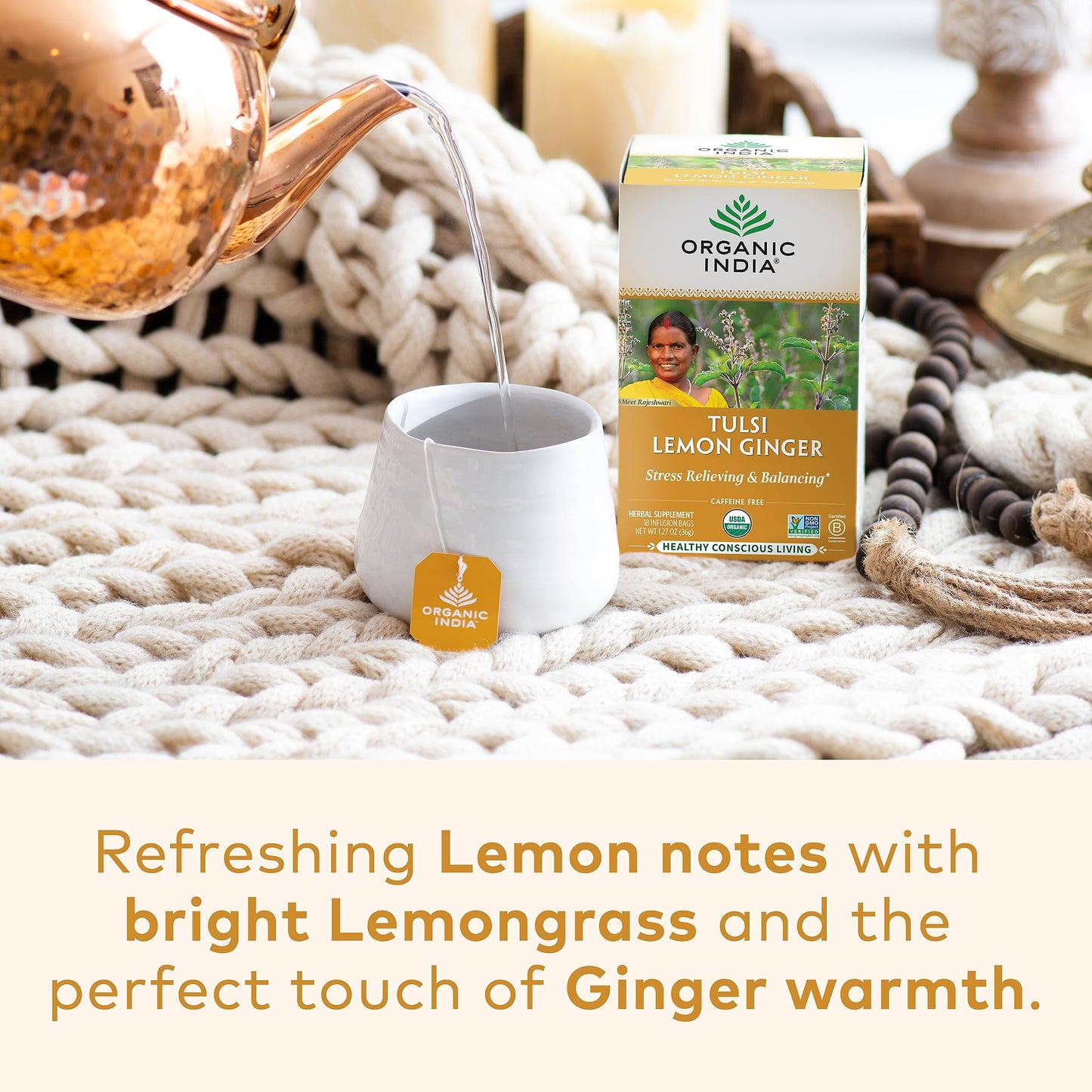 Organic India Tulsi Lemon Ginger Tea Bags - Herbal Tea, Stress Relieving & Reviving, Immune Support, Aids Digestion, Vegan, USDA Certified Organic
