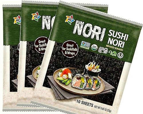 Kimnori Organic Roasted Seaweed Sushi Nori Sheets (30 Sheets, 3-Pack) - Professional Grade Full Size Nori for Sushi & Kimbap - California Crafted