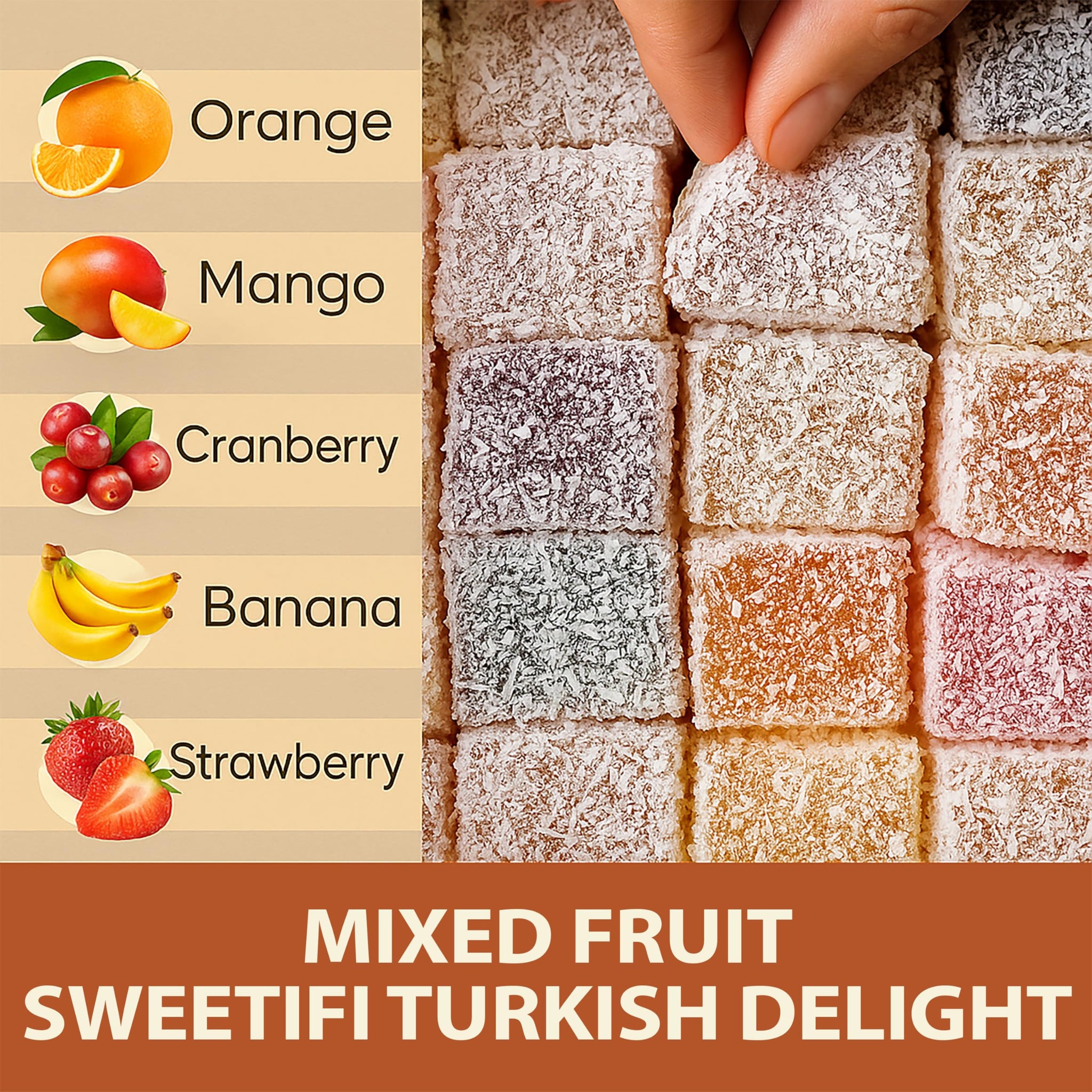 Sweetifi Mixed Fruit Turkish Delight, Premium Chewy Gourmet Vegan Candy Made with Real Fruit, Gluten Free, No Additives, Assorted Gourmet Lokum