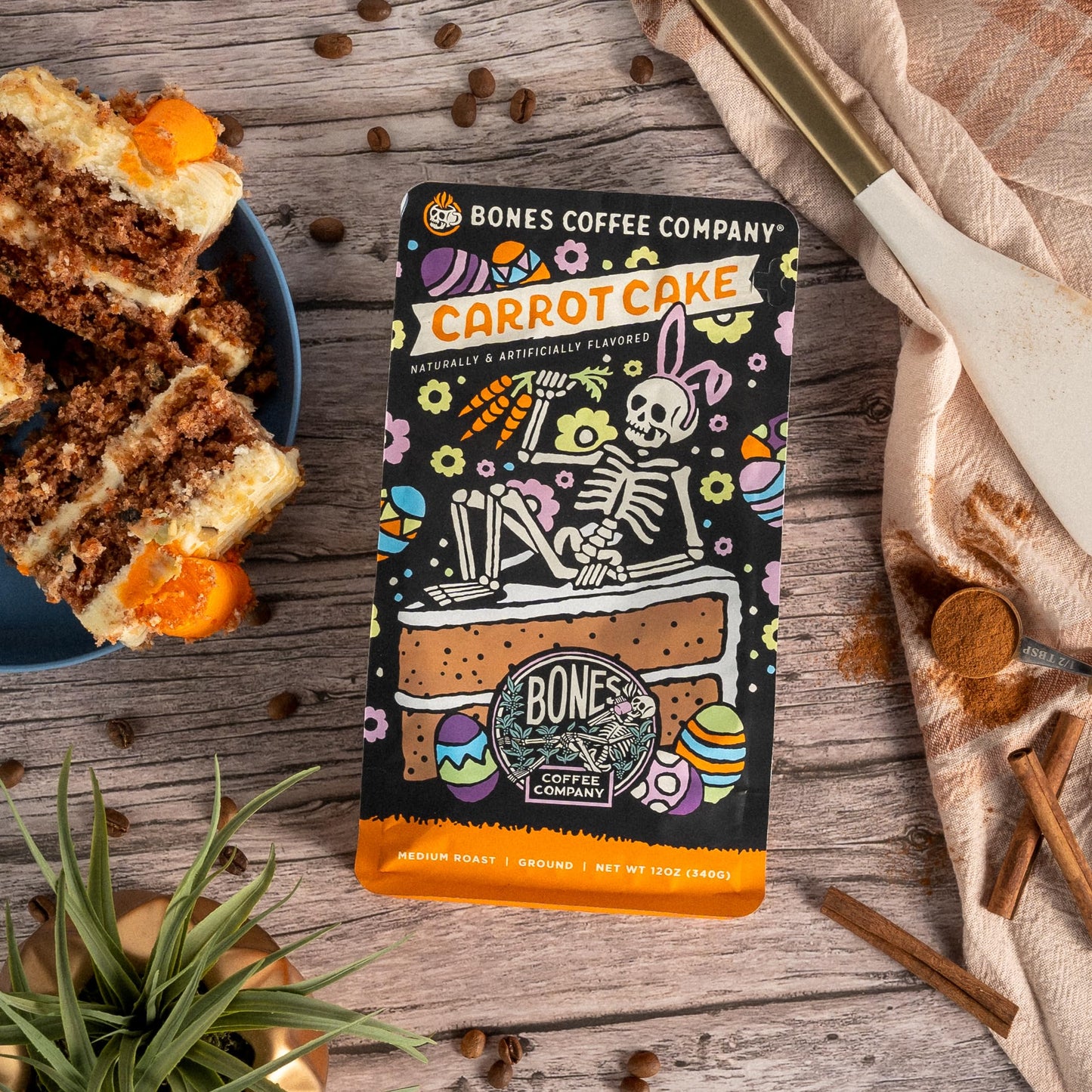 Bones Coffee Company Carrot Cake with Sweet Cream Cheese Flavored Coffee, Medium Roast Low Acid Arabica Beans Compatible with Auto drip and French