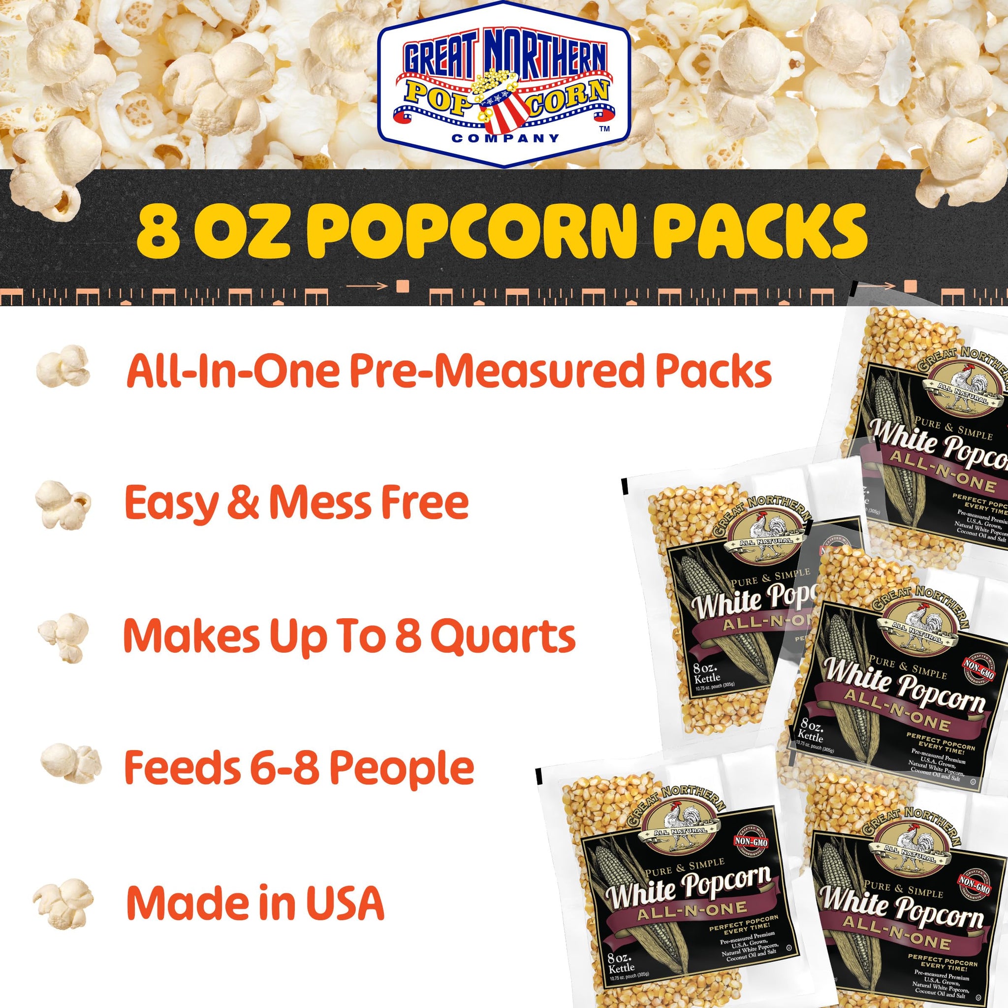 8oz White Popcorn Machine Popcorn Packets - All-in-One Pre-Measured Gluten Free White Popcorn Kernels for Popping with Salt and Coconut Oil Packs by
