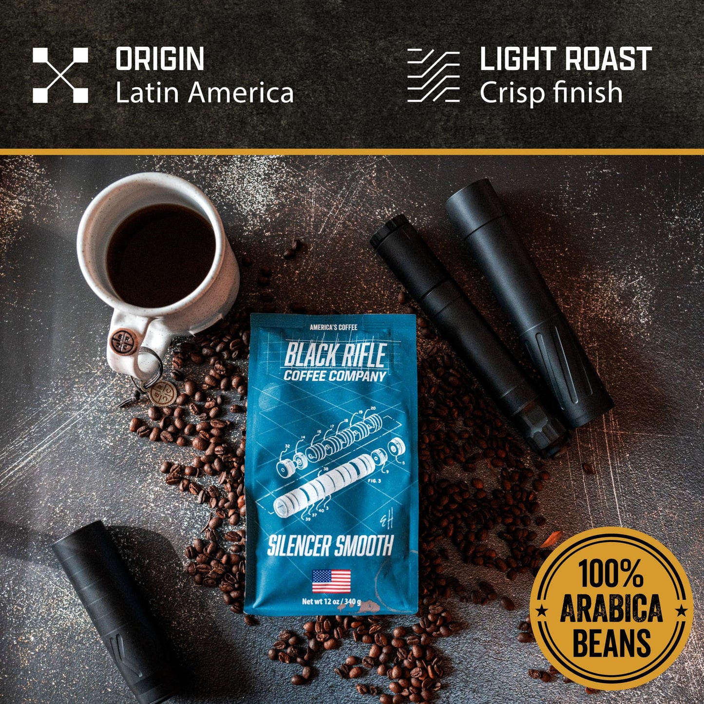 Black Rifle Coffee Company Silencer Smooth, Light Roast Ground Coffee, 12 OZ Bag