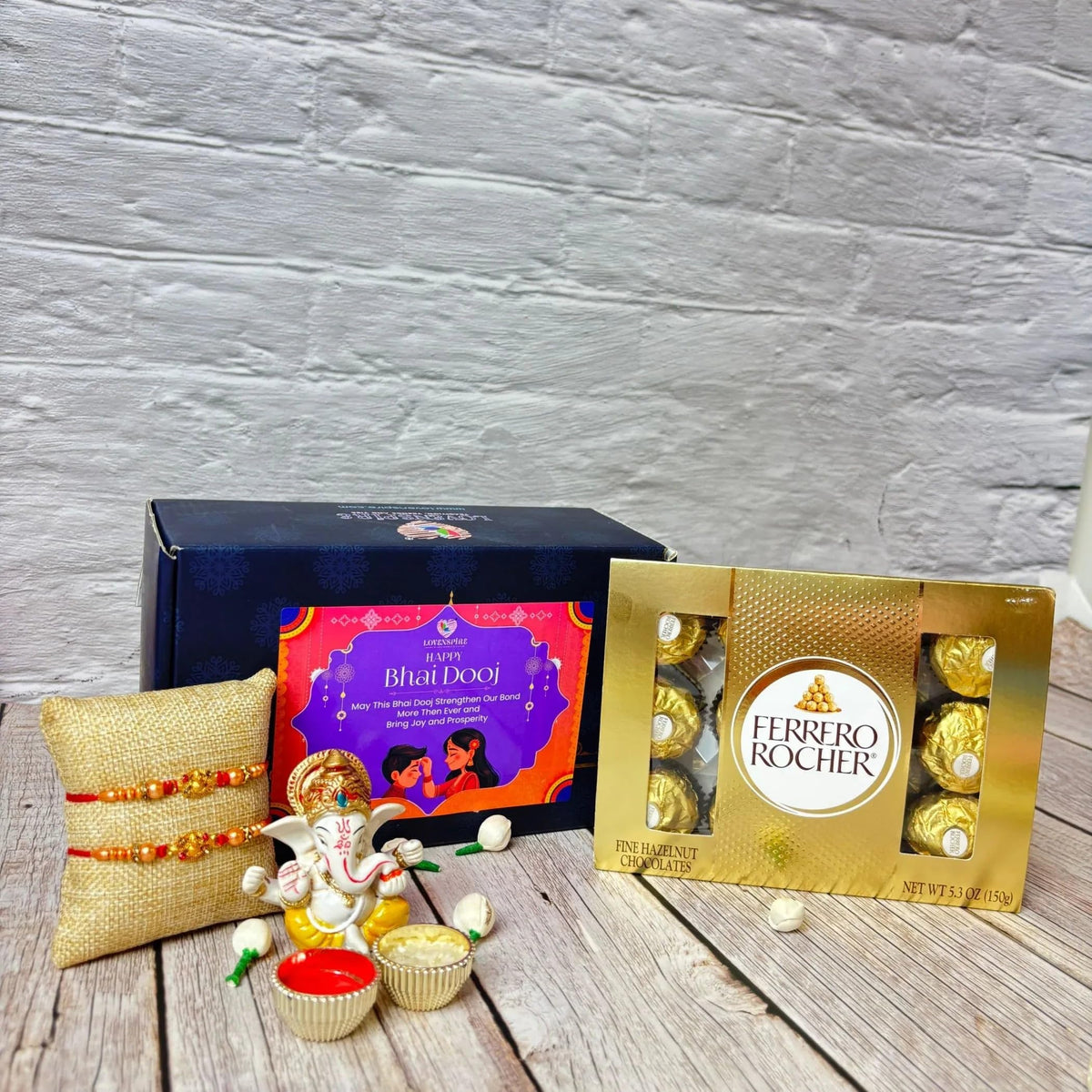 LoveNspire Raksha Bandhan Gift Hamper for Brother & Bhabhi - Includes 2 Designer Rakhi Bracelets, Ganesha Idol, Roli Chawal & Gift Box, Symbolizing