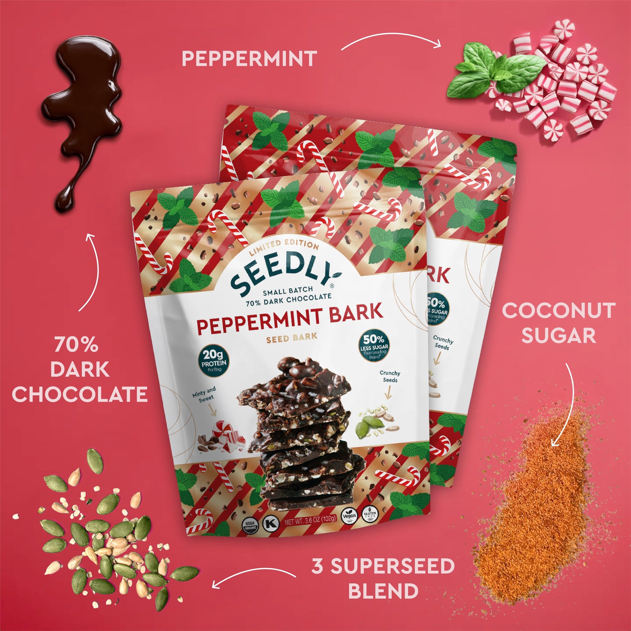 SEEDLY Organic 70% Dark Chocolate Snacking Bark with 20g Protein, 50% less sugar - Limited Edition Peppermint - Keto, Vegan Snacks, Gluten-Free, Low