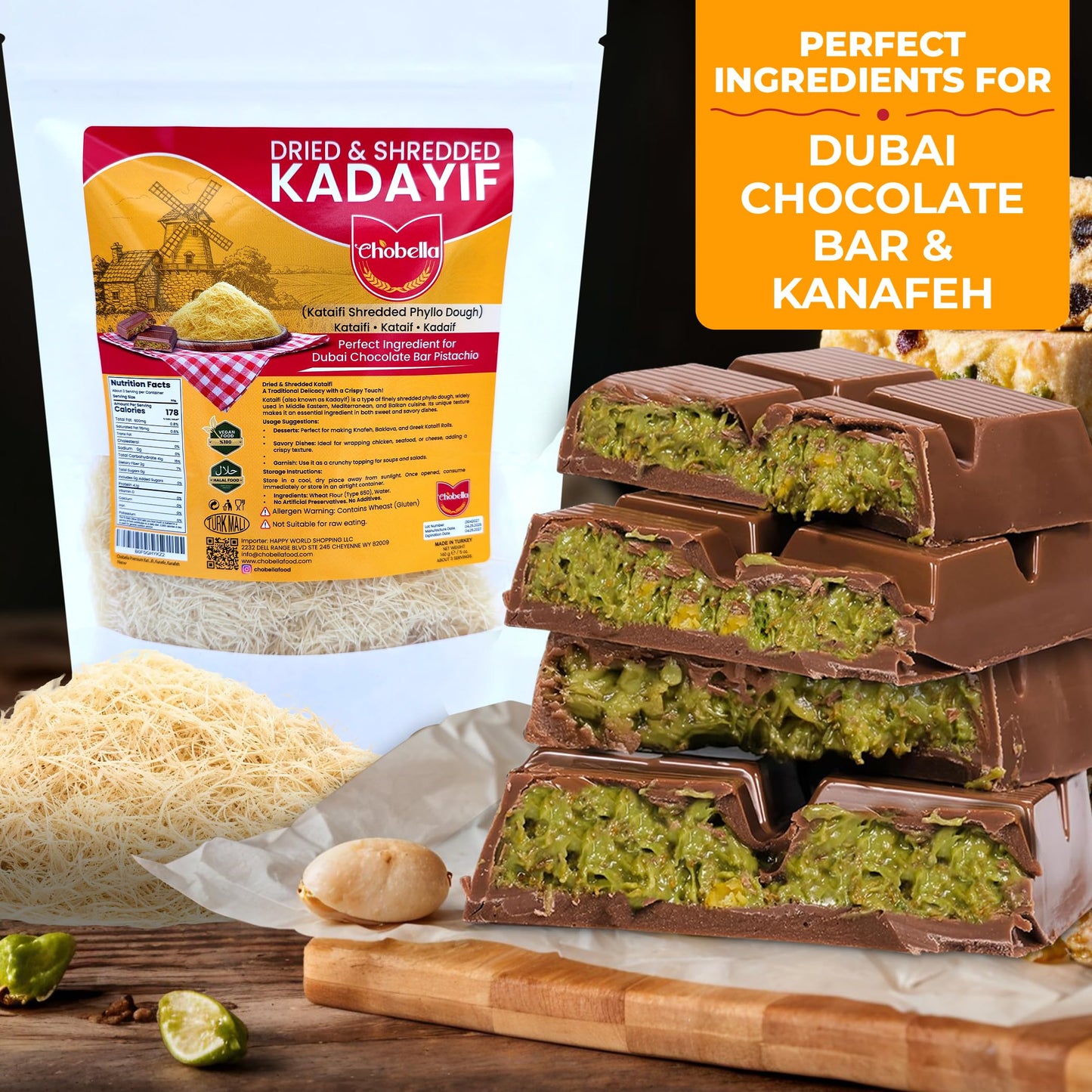 Chobella Premium Dried Kataifi Shredded Fillo Dough, Kurutulmus Kadayif Pastry Dough, Ingredient for Dubai Chocolate Bar Pistachio, Knafeh, Katafi