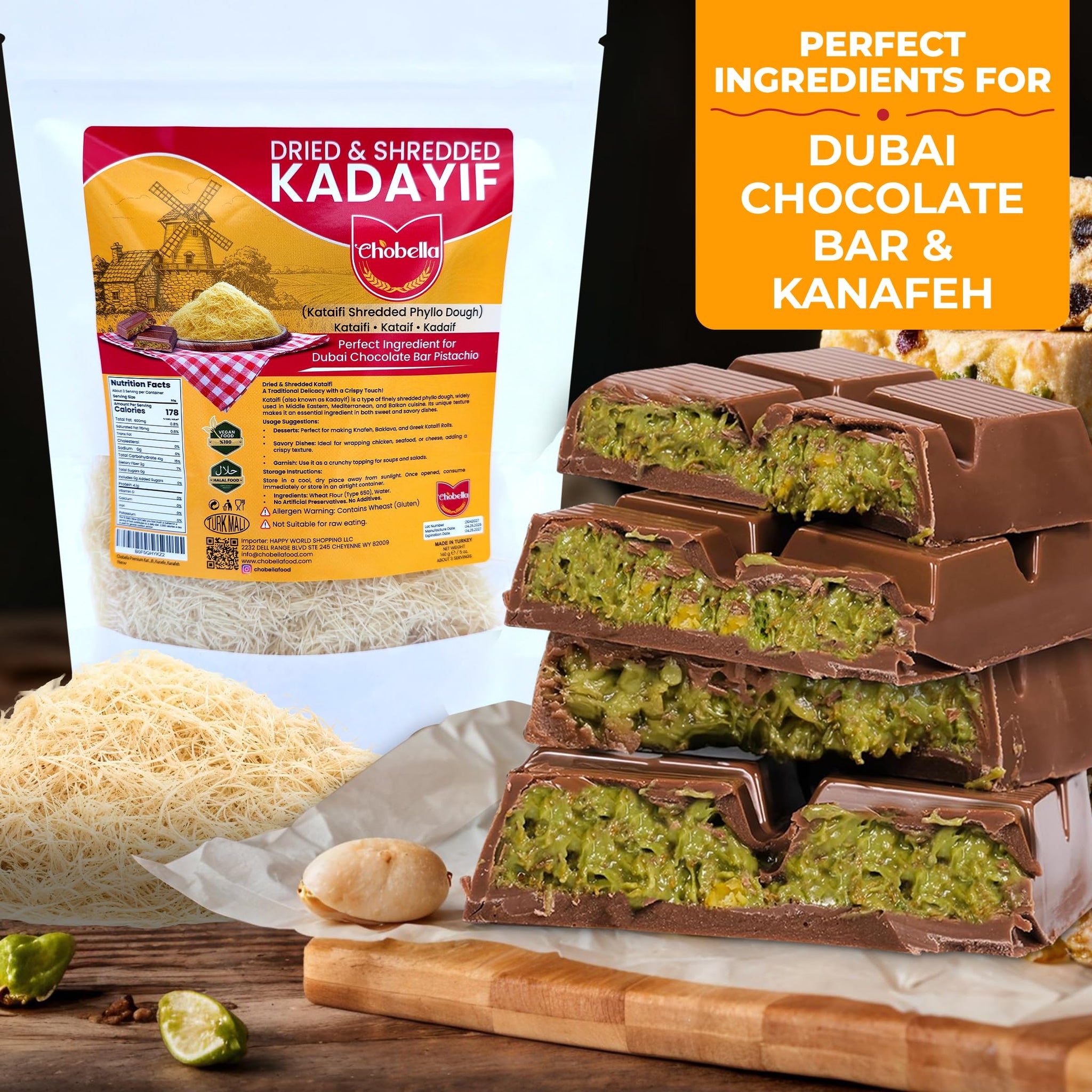 Chobella Premium Dried Kataifi Shredded Fillo Dough, Kurutulmus Kadayif Pastry Dough, Ingredient for Dubai Chocolate Bar Pistachio, Knafeh, Katafi