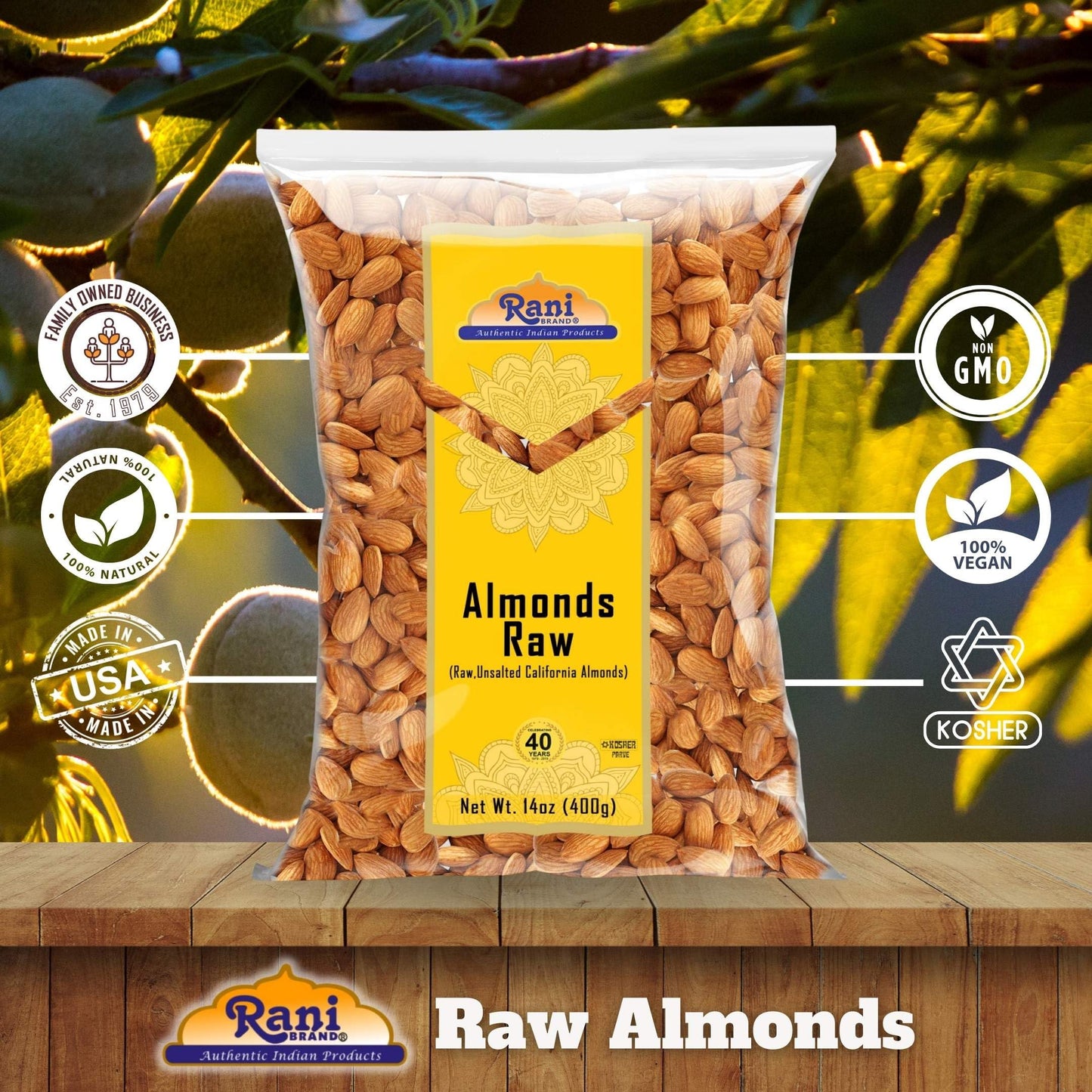 Rani Almonds, Raw Whole With Skin (uncooked, unsalted) 14oz (400g) ~ All Natural | Vegan | Gluten Friendly | Kosher | Fresh Product of USA ~