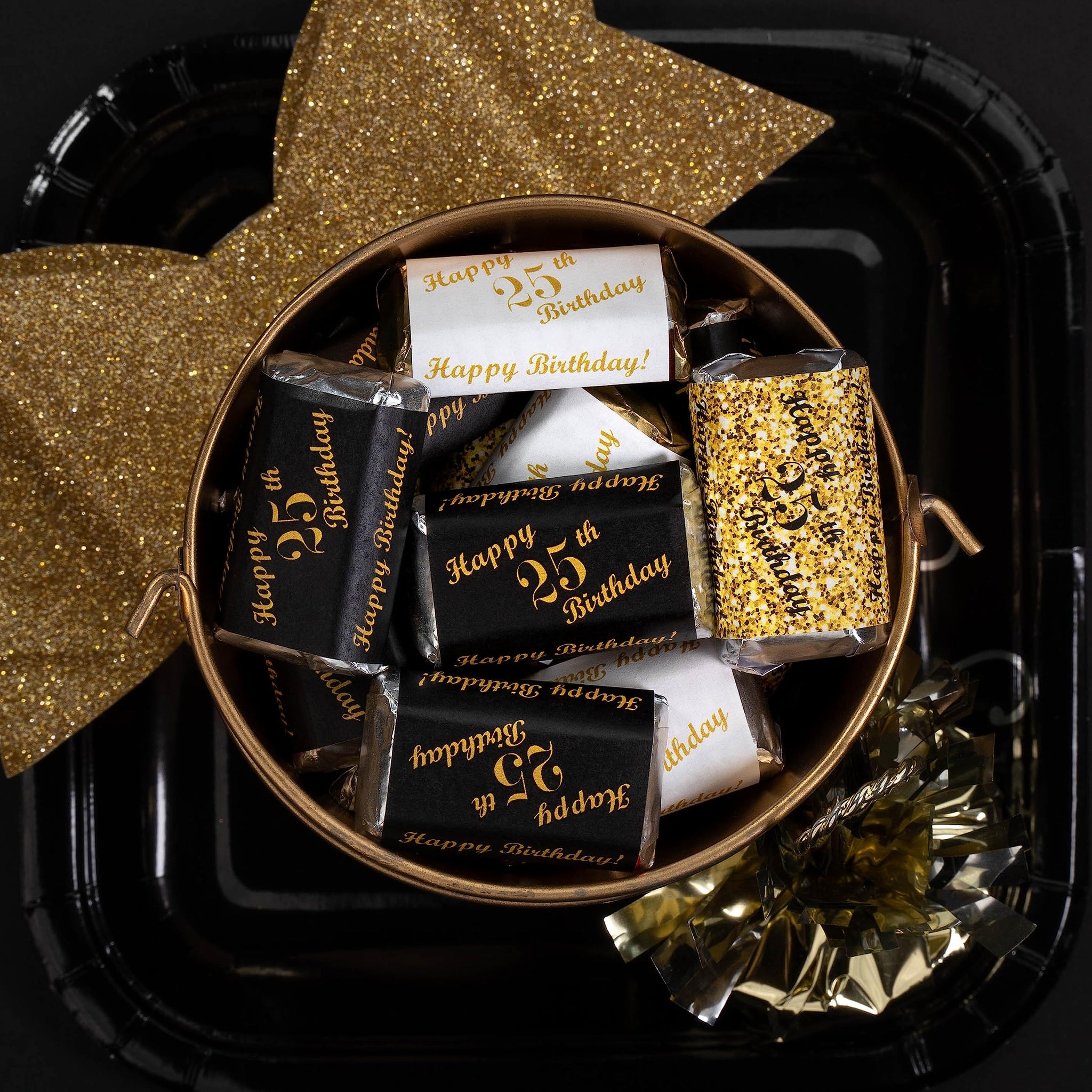 25th Birthday Miniatures Candy Bar Wrapper, (Set of 60) Mini Candy Bar Stickers; 3 Designs: 24 Gold, 24 Black, 12 White, Candy Not Included. Made in