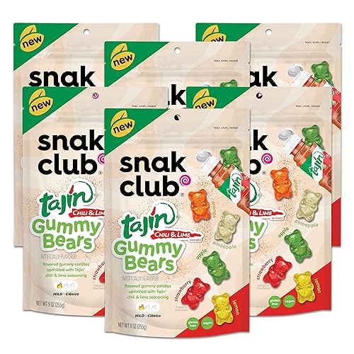 Snak Club Gummy Bears, Tajin Chili & Lime Sweet and Spicy Gummy Candy, Mild in Heat Bold in Flavor, Low-Fat, Vegan, Gluten-Free Snack, 9 oz Large