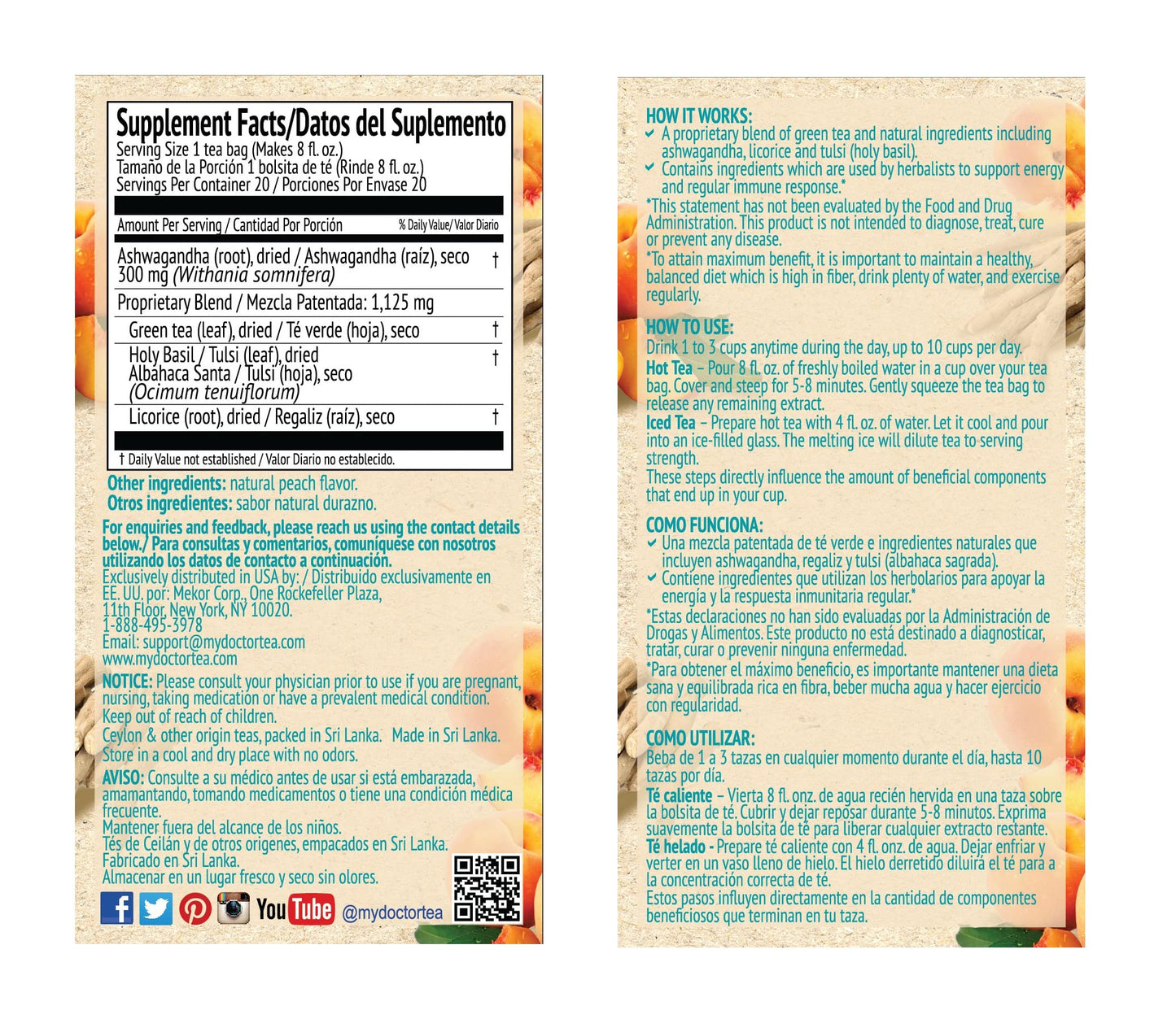 Dr. Tea Wellness Ashwagandha Tea with Peach Flavor - 20 Tea Bags