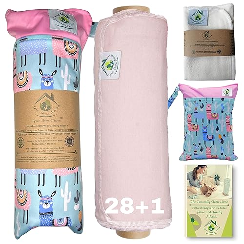 Reusable Paper Towels Washable Roll 29 Pack, 100% Soft Cotton Baby Wipes, Paperless Paper Towel Alternative, Zero Waste Napkins w/Wet Bag & Wash Cloth