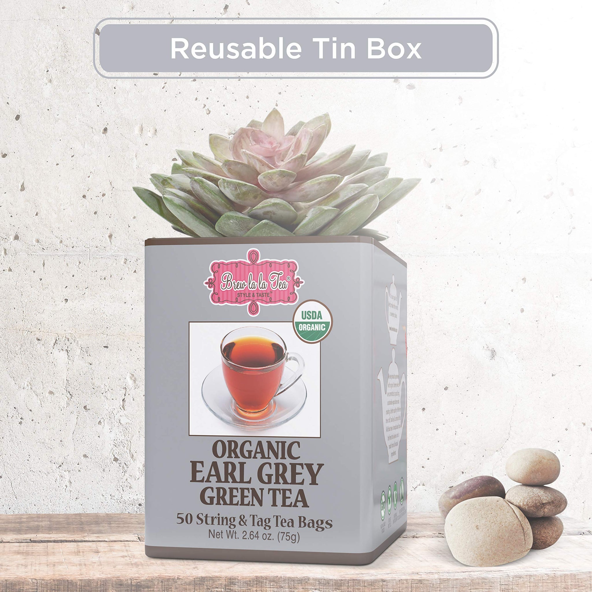 Brew La La Organic Earl Grey Green Tea - 50 Tea Bag Tin - Low Caffeine - USDA Certified Organic