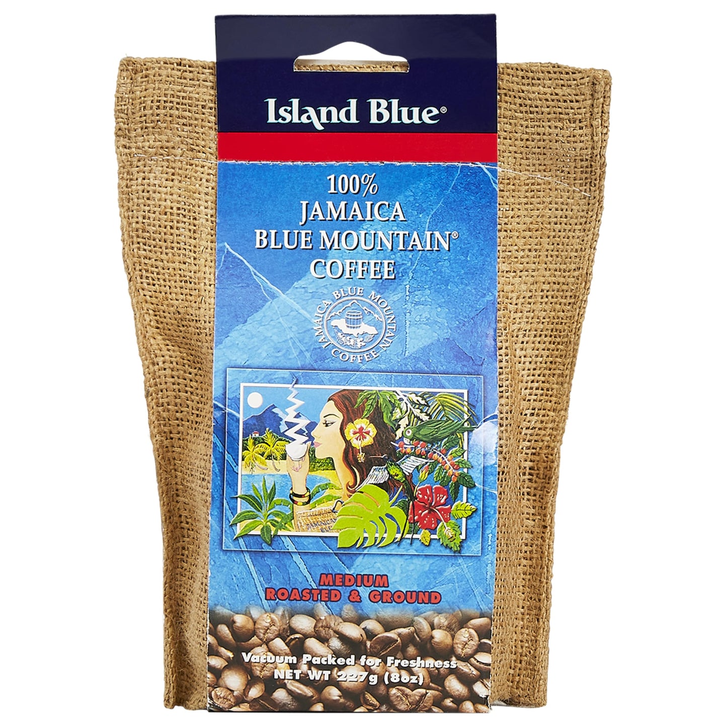 Island Blue 100% Jamaica Blue Mountain Fresh Roasted & Ground Coffee Medium Roast Gourmet Coffee Ground Vacuum Packed in a Burlap Bag, 8 oz