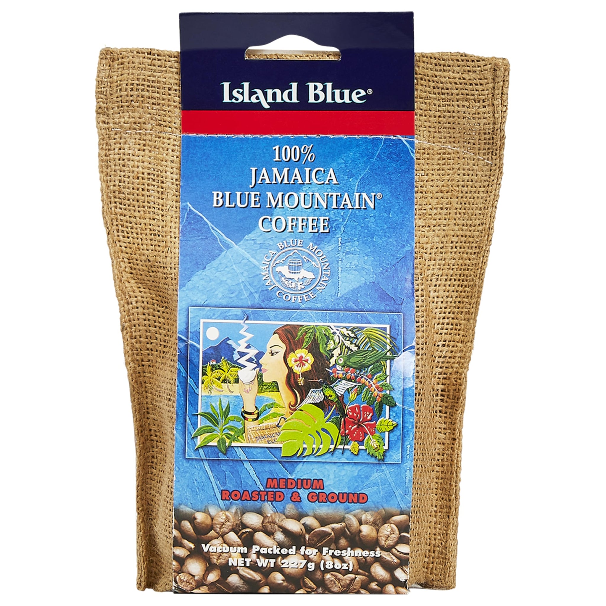 Island Blue 100% Jamaica Blue Mountain Fresh Roasted & Ground Coffee Medium Roast Gourmet Coffee Ground Vacuum Packed in a Burlap Bag, 8 oz