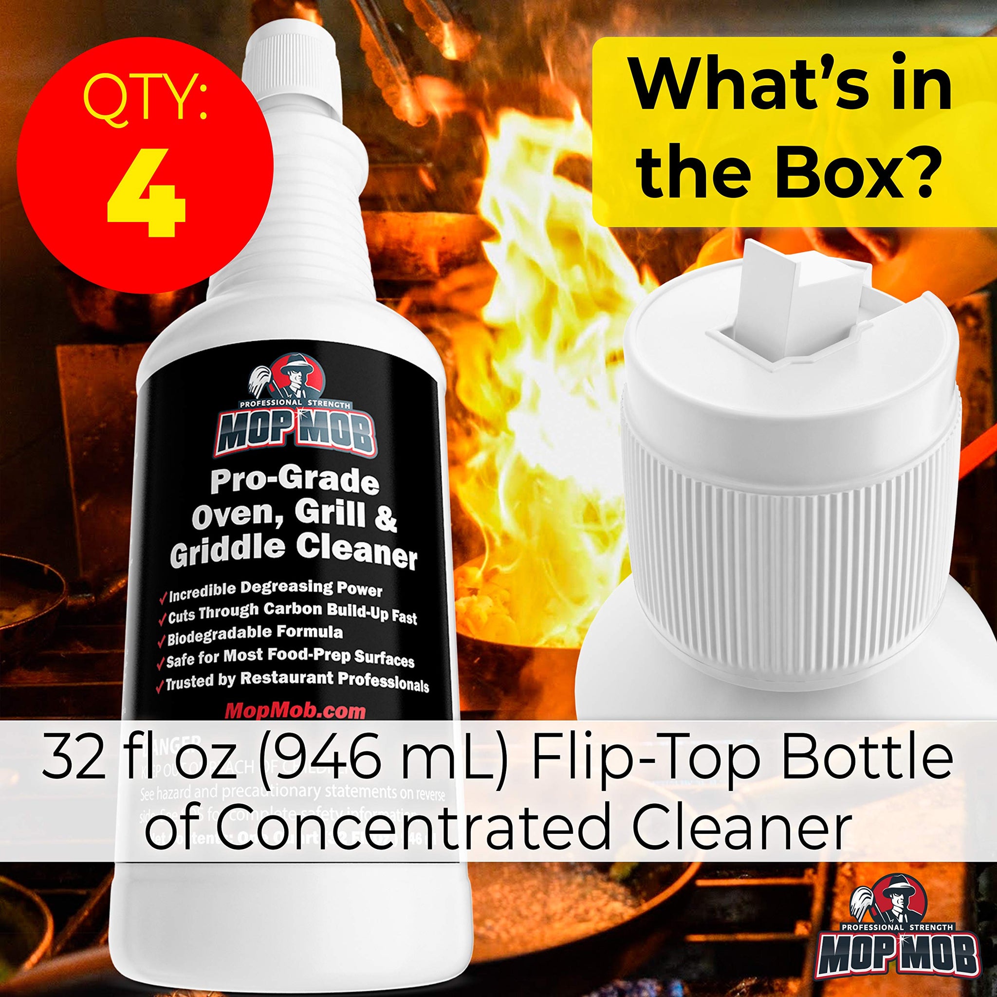 Commercial Grill and Oven Cleaner 32oz Concentrate 4pk. Heavy-Duty Fast-Acting Degreaser Solution Removes Carbon, Grime, Burnt Food and Oil