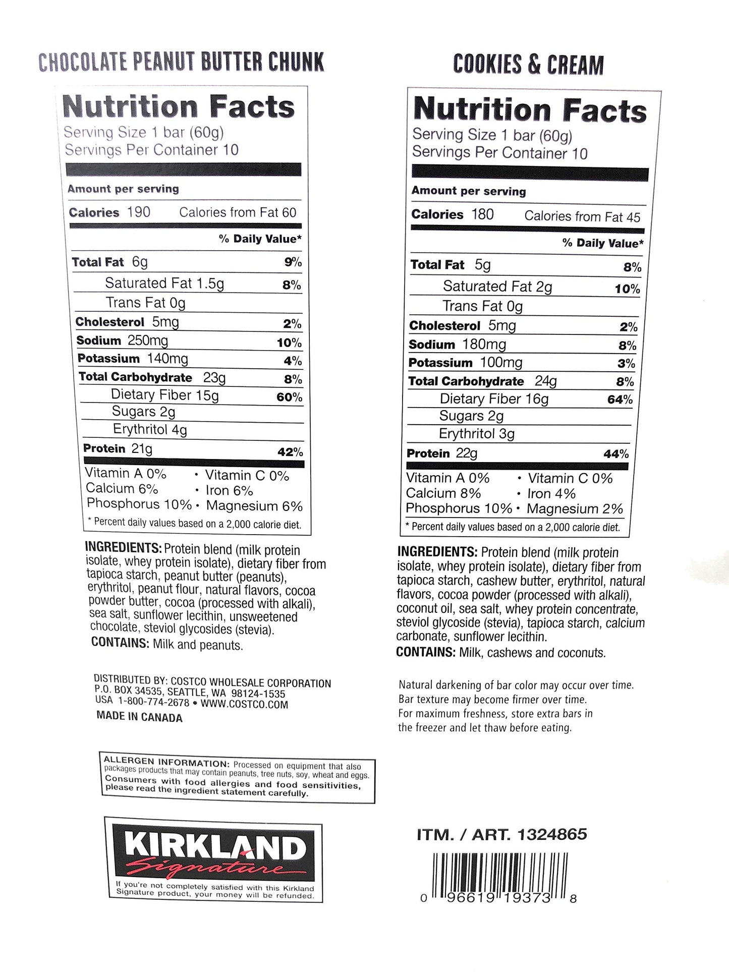 Kirkland Signature Protein Bar Variety Pack 20 Count Chocolate Peanut Butter Chunk & Cookies and Cream Gluten Free 21-22g of Protein 2g Sugar No