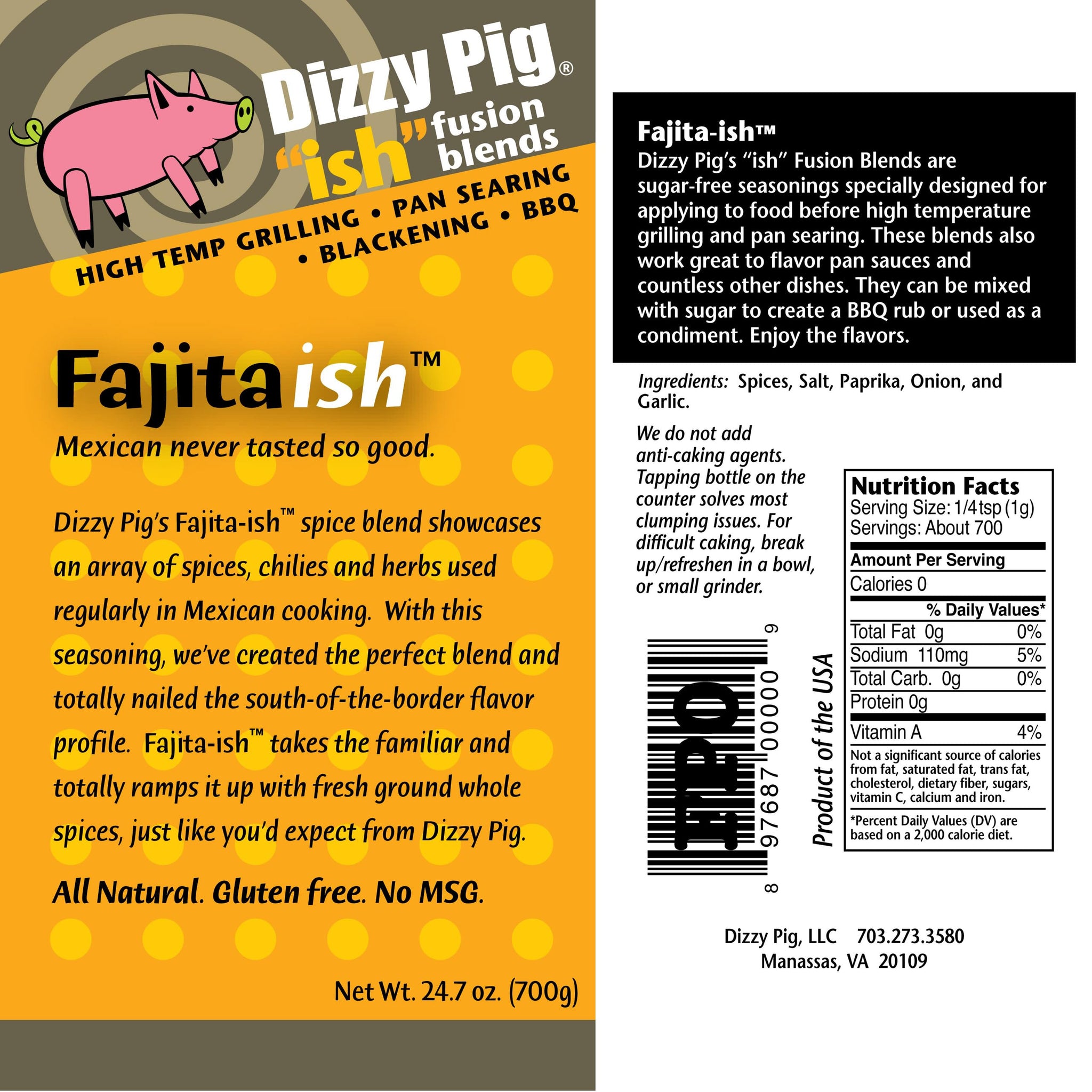 Dizzy Pig ish Fusion Fajita-ish Mexican Seasoning (Quart Shaker) - Hand Made in the USA - Seasons Around 120lbs of Food - MSG Free, Gluten Free