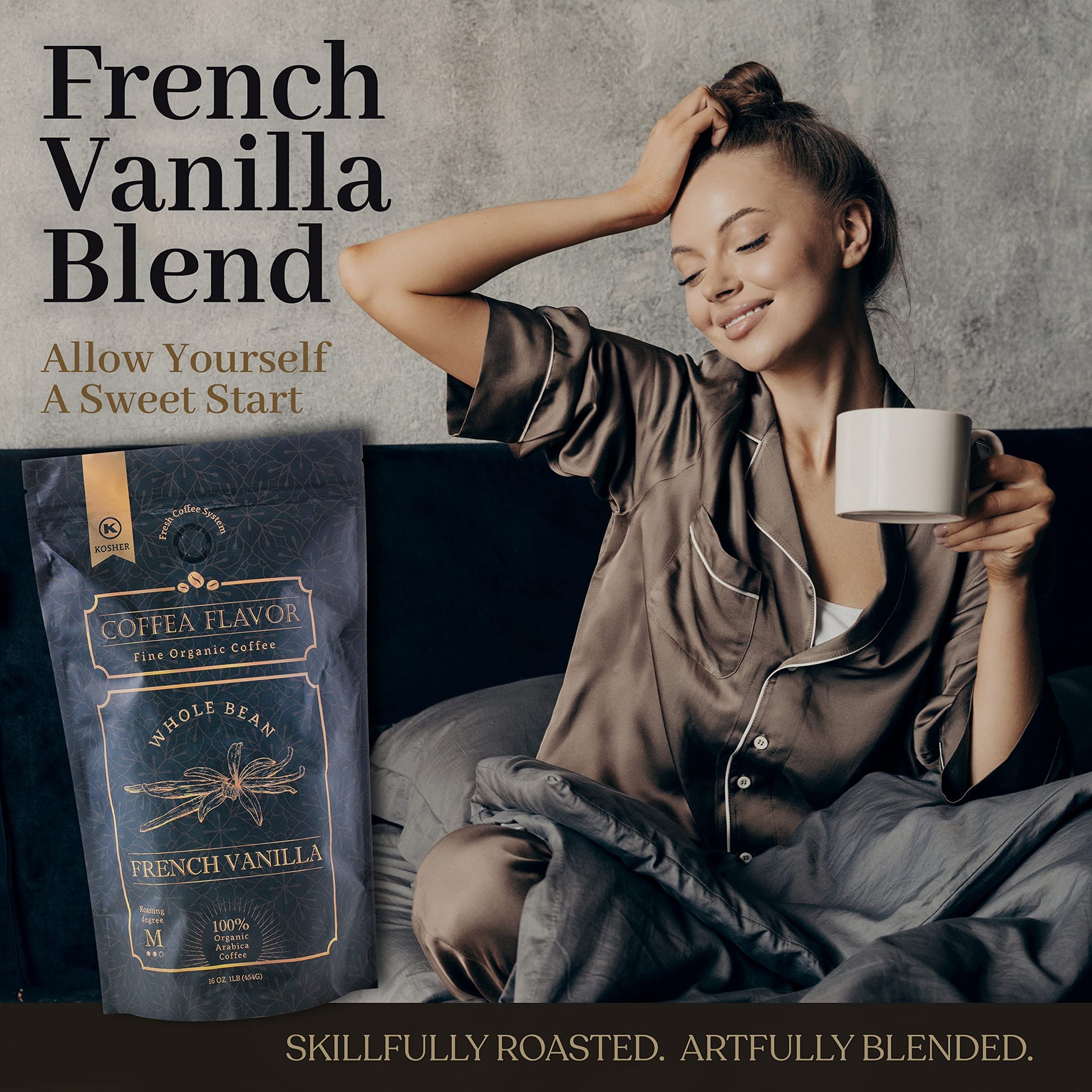 French Vanilla Flavored Whole Bean Coffee - 100% Arabica, Single Origin, Medium Roast, USDA Organic, No Sugar Added, Naturally Sweetened - by Coffea