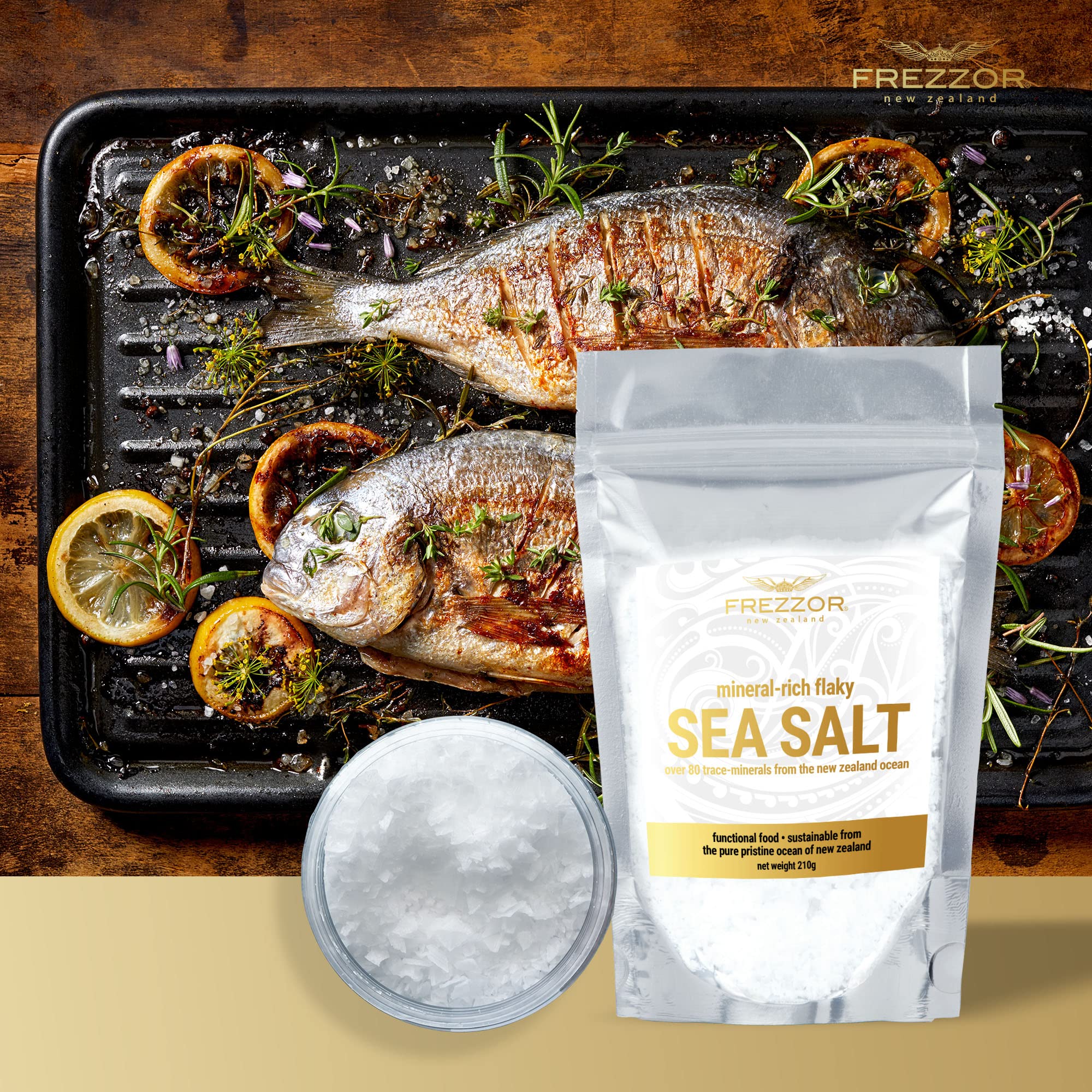 FREZZOR Flaky Sea Salt, 8.8 ounces of Premium Gourmet Sea Salt Flakes from New Zealand, 80 Minerals & Trace Elements, 100% All-Natural, Solar & Wind