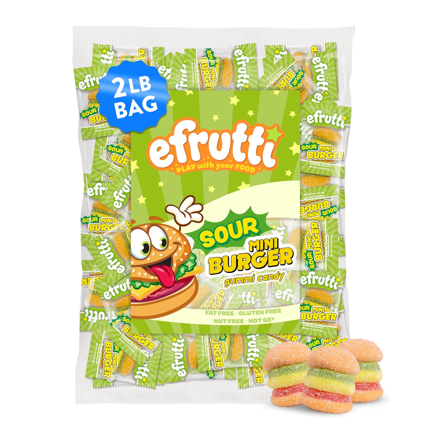 efrutti Sour Mini Burgers, Sour Gummy Candy, Individually Wrapped, 2 lb Bag, 100 Count