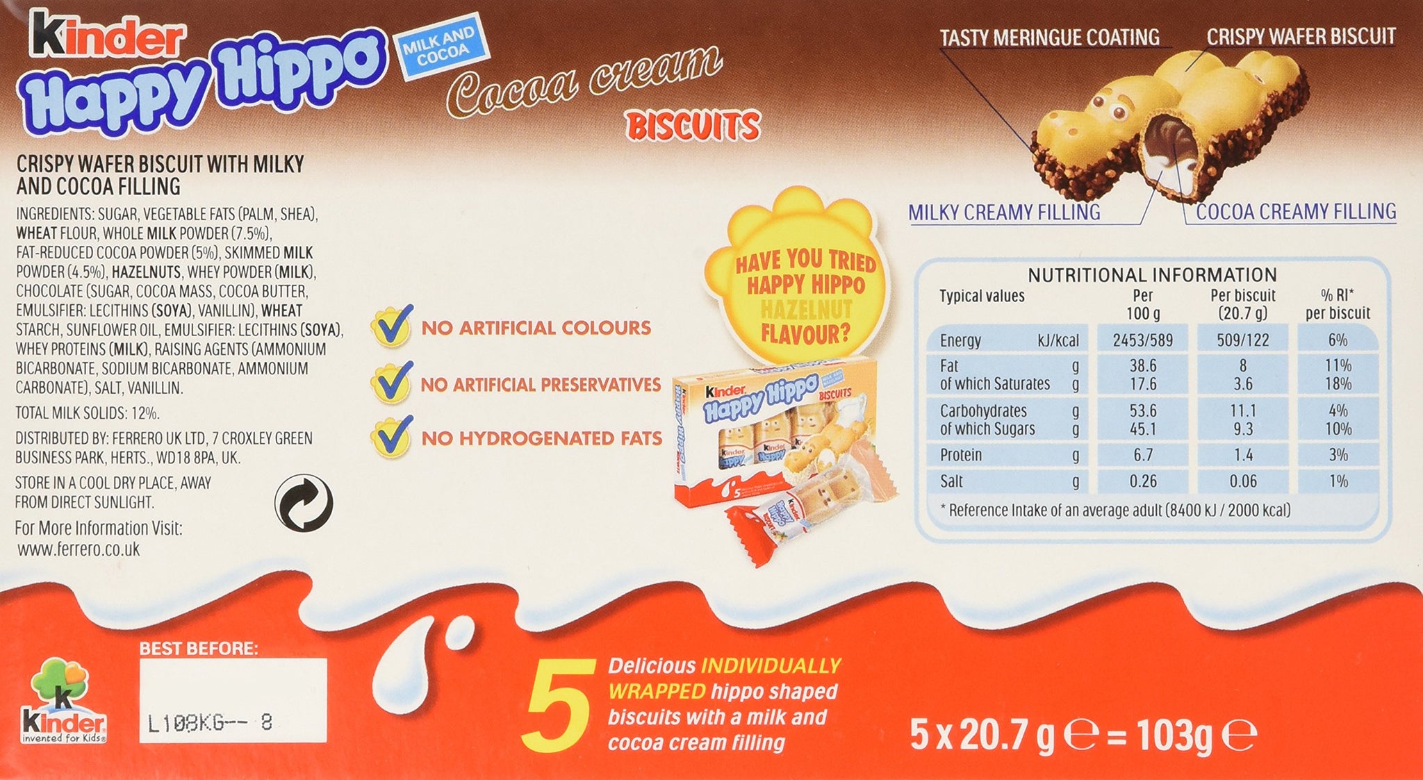 Kinder Happy Hippo Cocoa Cream Biscuits, Box of 5 Bars, 20.7g Each, Made in Germany