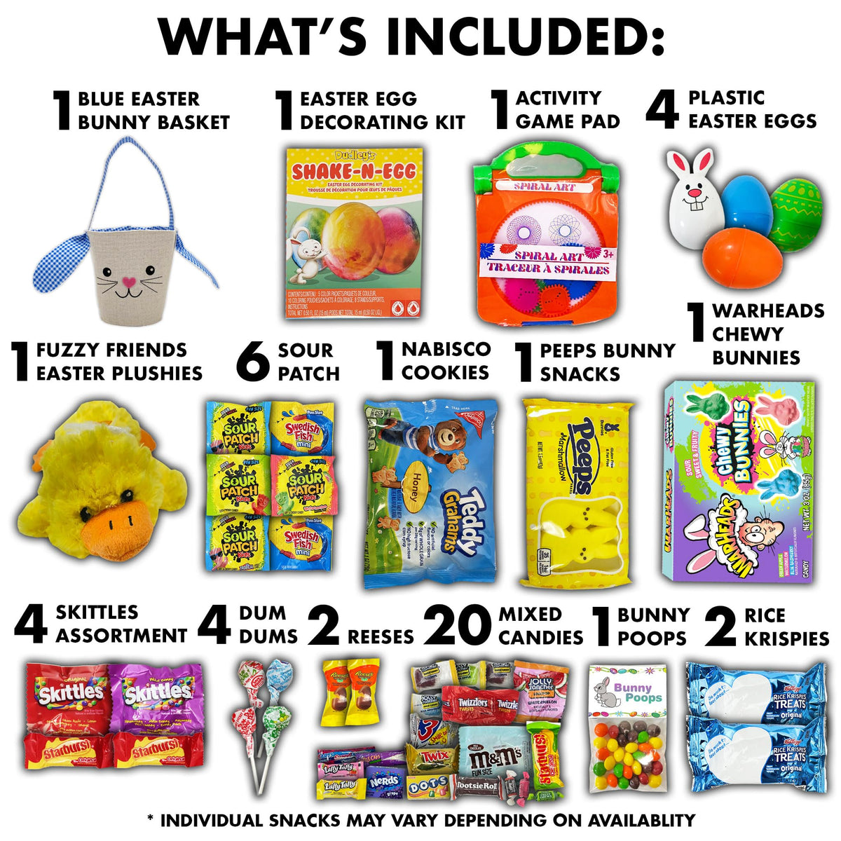 Fun Flavors Box Easter Variety Pack Gift Basket Care Package, Candy, Chips, Bunny Gift Box (Blue)