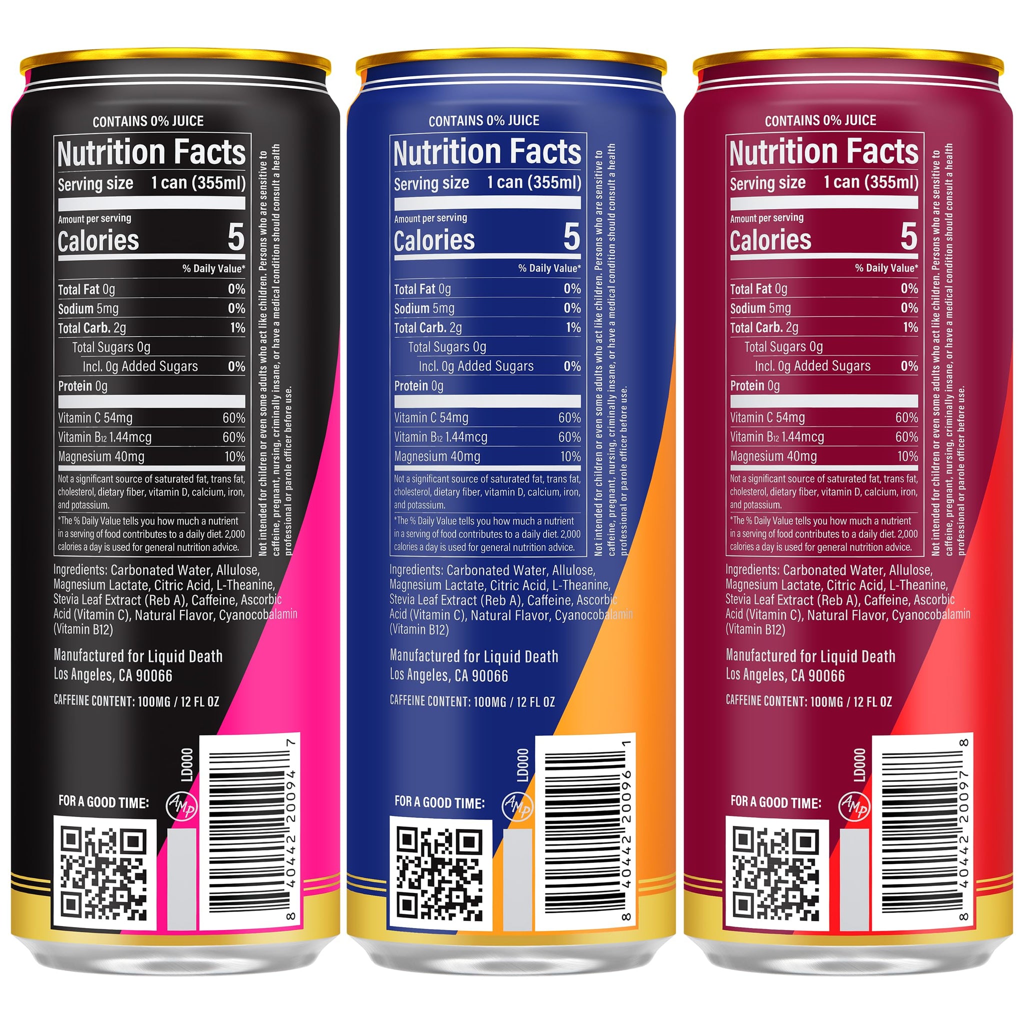 Liquid Death Sparkling Energy Variety Pack, Zero Sugar Energy Drink, Unextreme Caffeine 100mg, Essential Vitamins, 3 Flavors: Strawberry, Orange