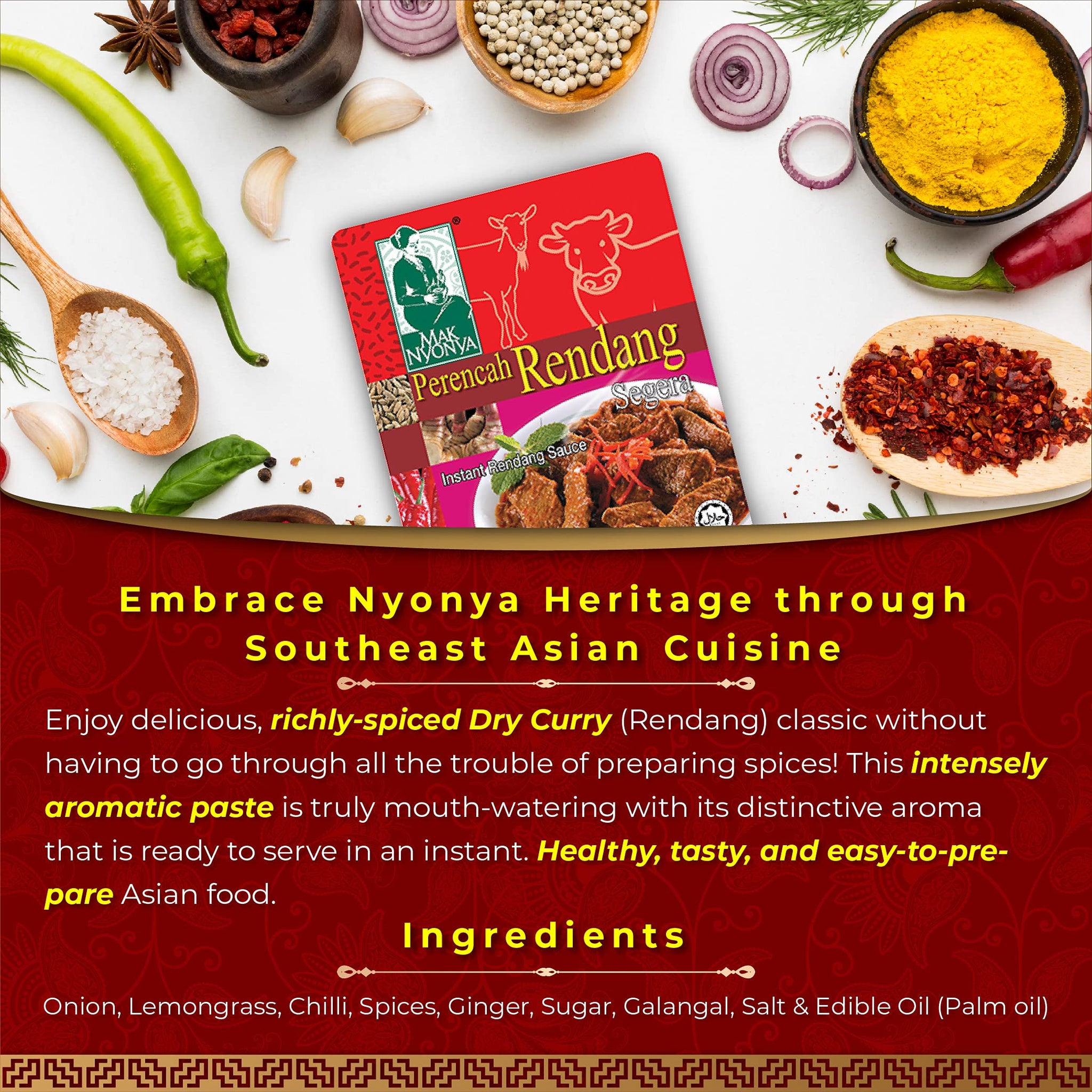 Mak Nyonya Instant Rendang Sauce For Beef/Chicken X4 Dry Curry Paste Authentic Rendang Instant Curry Sauce For Beef Chicken Vege Fish Seafood & Other