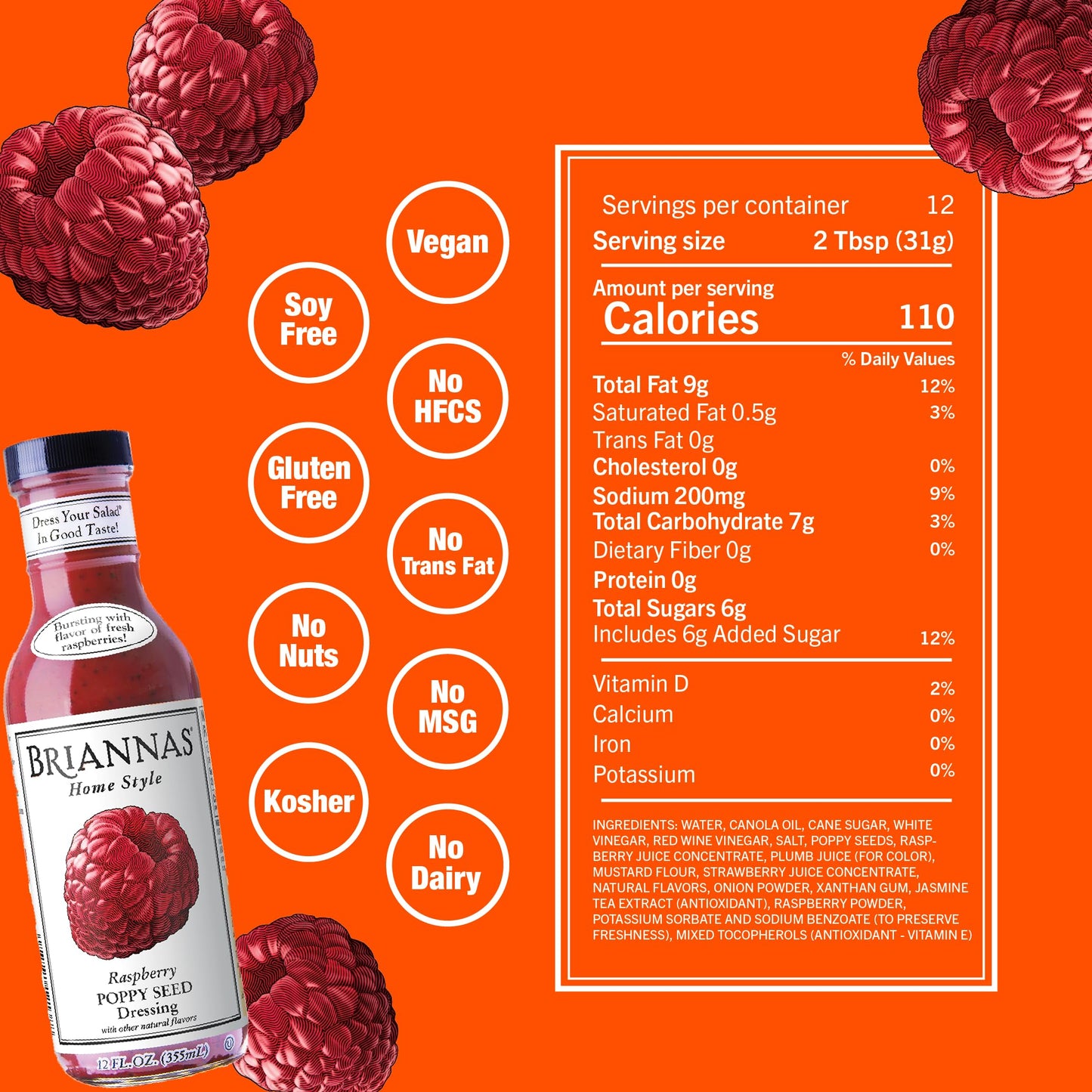 BRIANNAS - Home Style Raspberry Poppy Seed Dressing - Fine Salad Dressing made with Premium Ingredients - Gluten Free, Kosher, & Vegan Dressing - 12