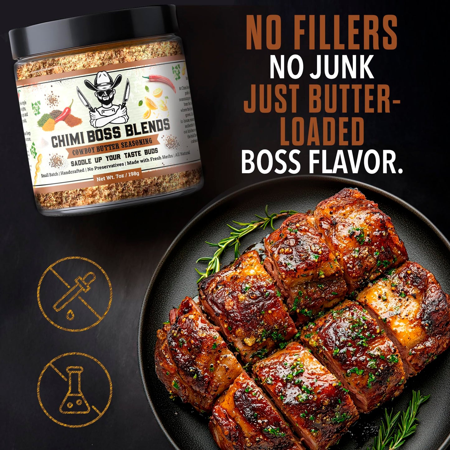 Chimi Boss Blends Cowboy Butter Seasoning, 7oz - Garlic Herb Butter Dry Rub for Grilling, Smoking & BBQ - Gourmet Small-Batch Spice Blend for Steak