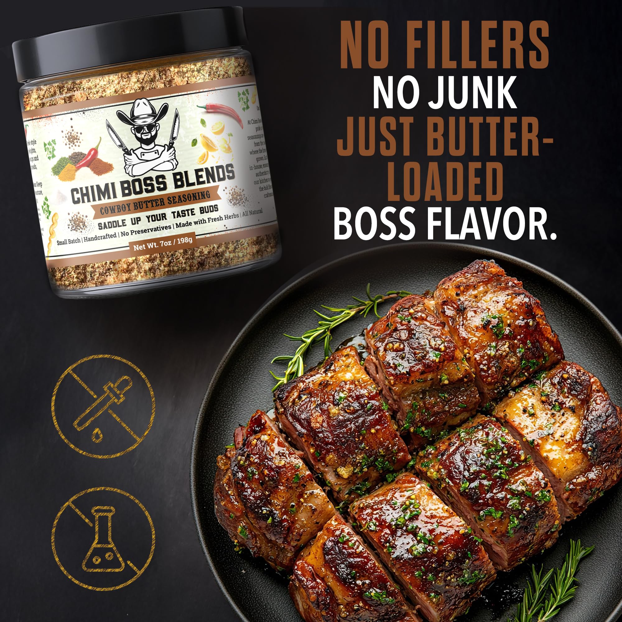 Chimi Boss Blends Cowboy Butter Seasoning, 7oz - Garlic Herb Butter Dry Rub for Grilling, Smoking & BBQ - Gourmet Small-Batch Spice Blend for Steak