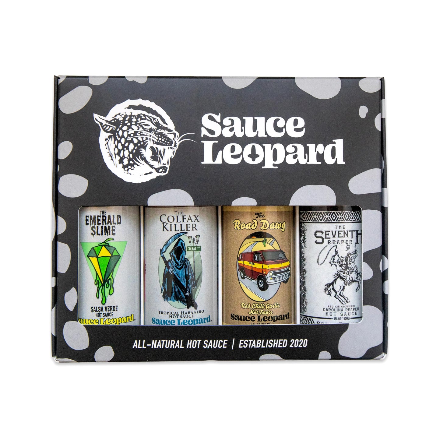 Sauce Leopard Hot Sauce Variety 4-Pack - The Emerald Slime, The Colfax Killer, The Road Dawg, The Seventh Reaper - Award-Winning Gift Set, 5 Fl Oz