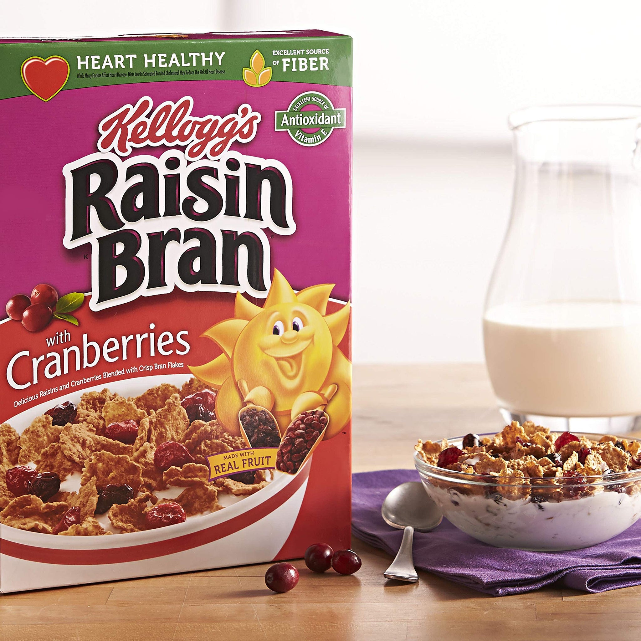 Kellogg's Raisin Bran, Breakfast Cereal, with Cranberries, Excellent Source of Fiber, 13.5 oz Box