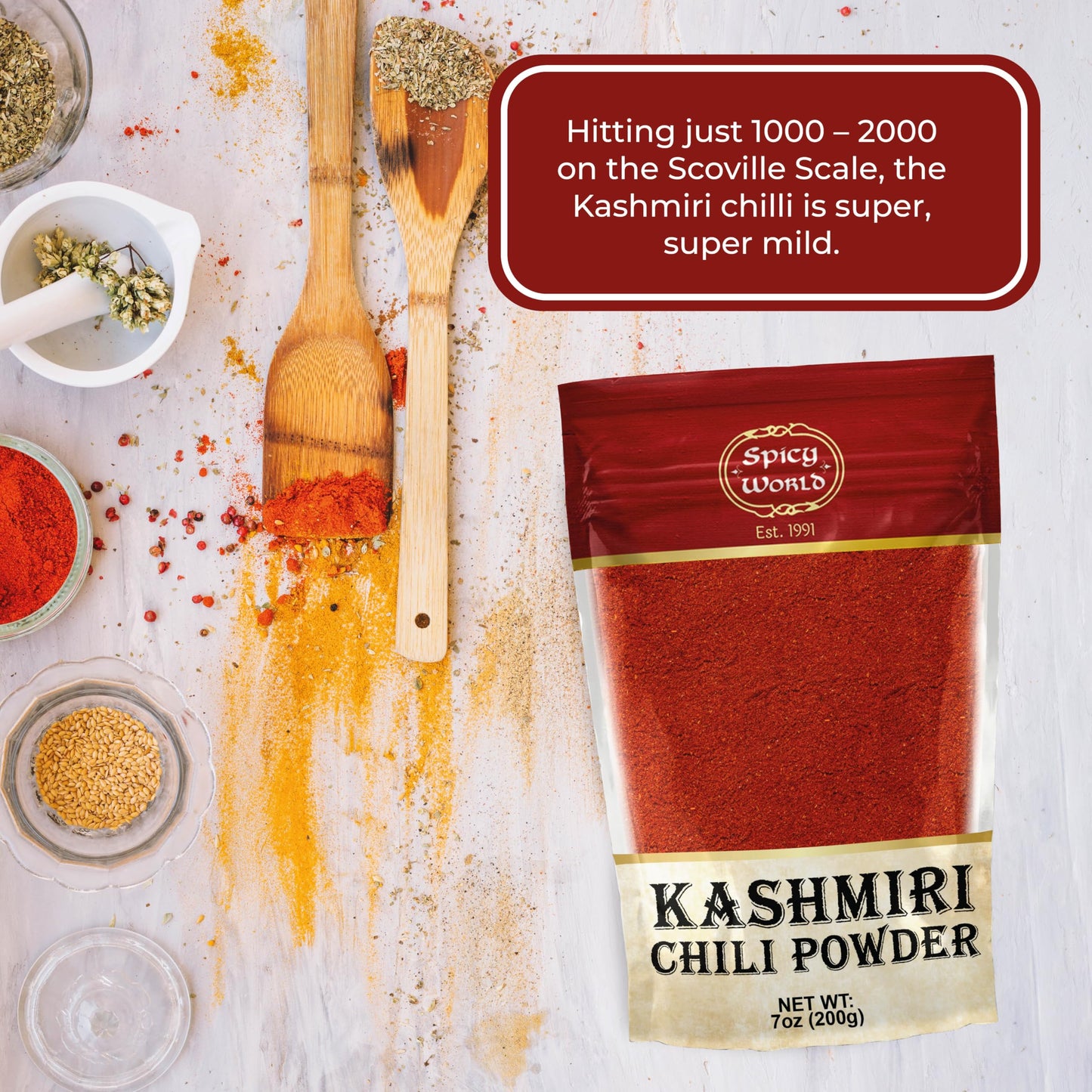 Spicy World Kashmiri Chili Powder Red 7 Ounce Resealable bag | All Natural Low Heat, Chili Powder - Red Pepper Powder