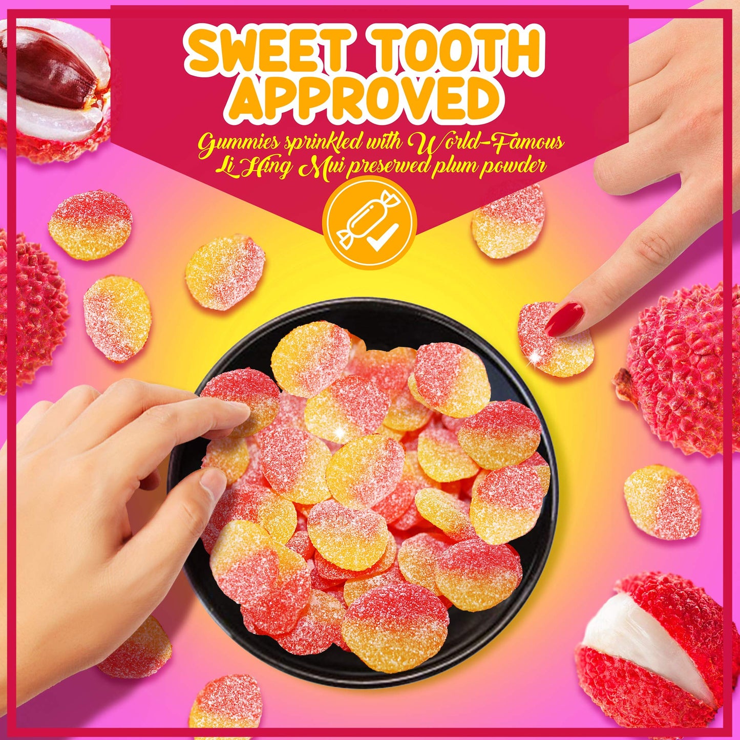 Asia Trans Lychee Gummies with Li Hing Mui Plum Powder | Hawaiian Favorite | Sweet & Sour Soft Gummy Candy