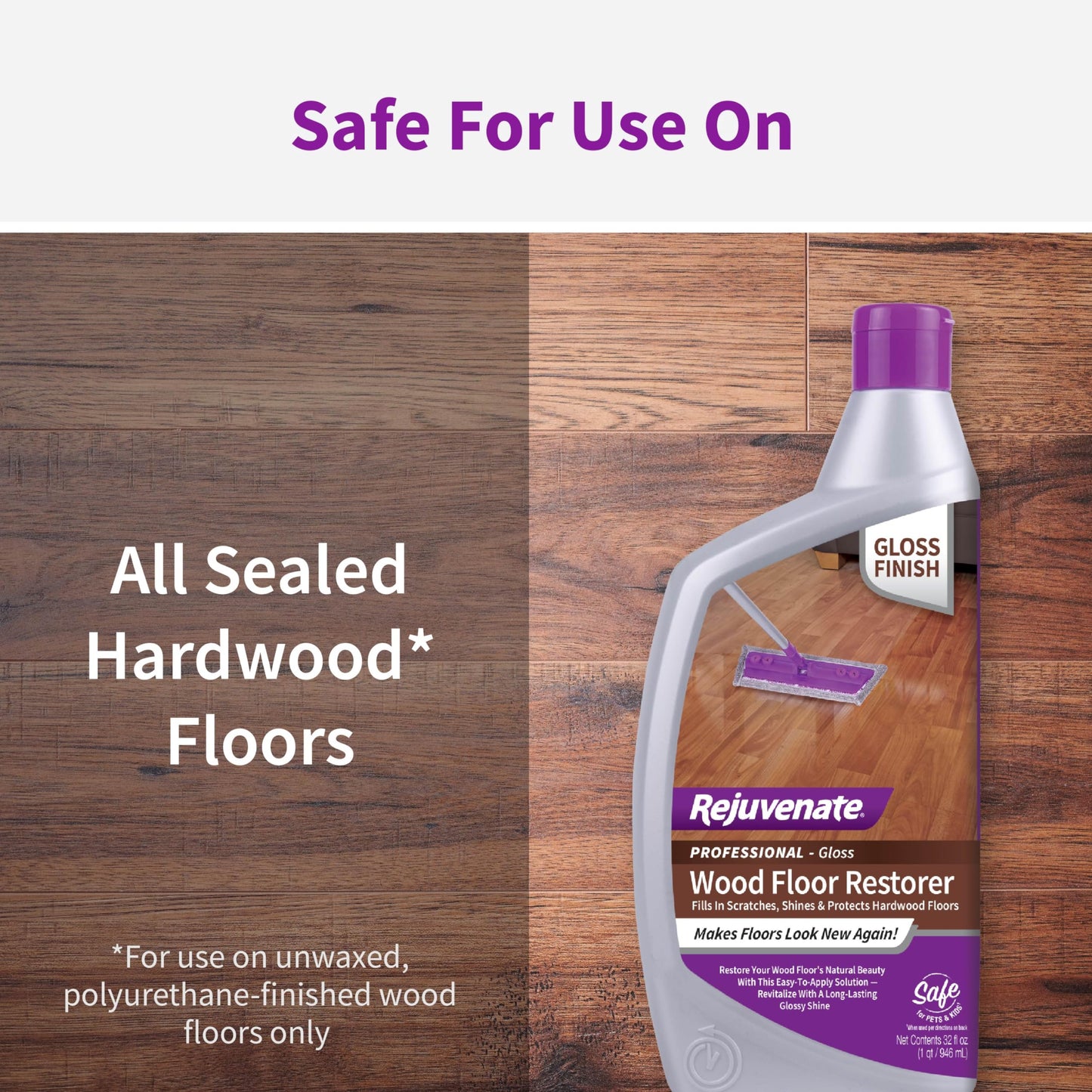 Rejuvenate Professional Wood Floor Restorer Fills Scratches, Shines And Protects Wood Flooring For A High Gloss Shine, 32 Ounces