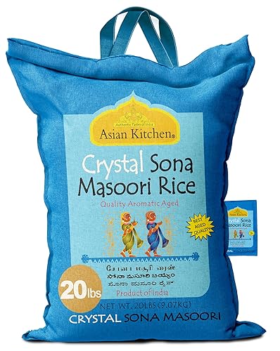 Asian Kitchen Crystal Sona Masoori Aged Rice 20-Pound Bag, 20lbs (9.08kg) Short Grain Rice ~ All Natural | Gluten Friendly | Vegan | Indian Origin |