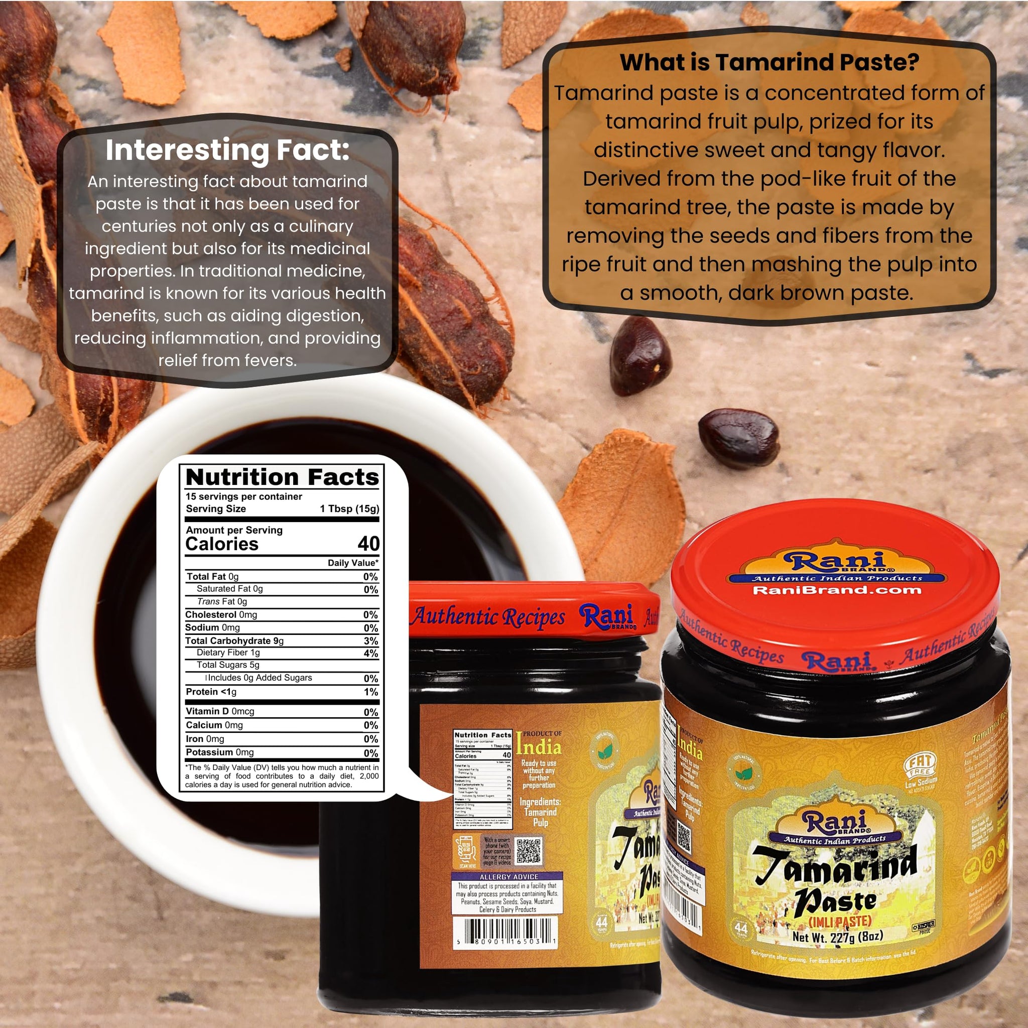 Rani Tamarind Paste Puree (Imli) 8oz (227g) Glass Jar, No added sugar ~ All Natural | Vegan | Gluten Free | No Colors | NON-GMO | Kosher | Indian