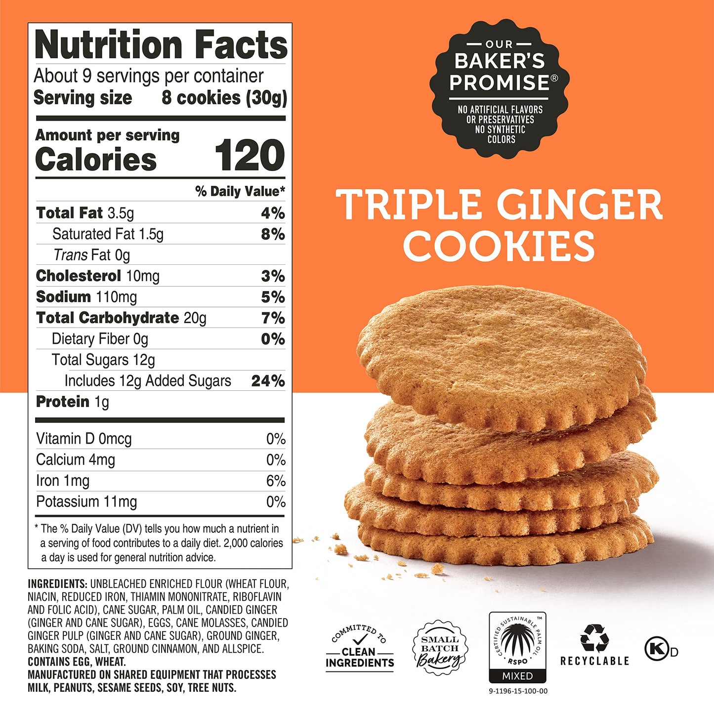 Dewey's Bakery Triple Ginger Cookie Thins | No Artificial Flavors, Synthetic Colors or Preservatives | Baked in Small Batches | 9oz (Pack of 1)