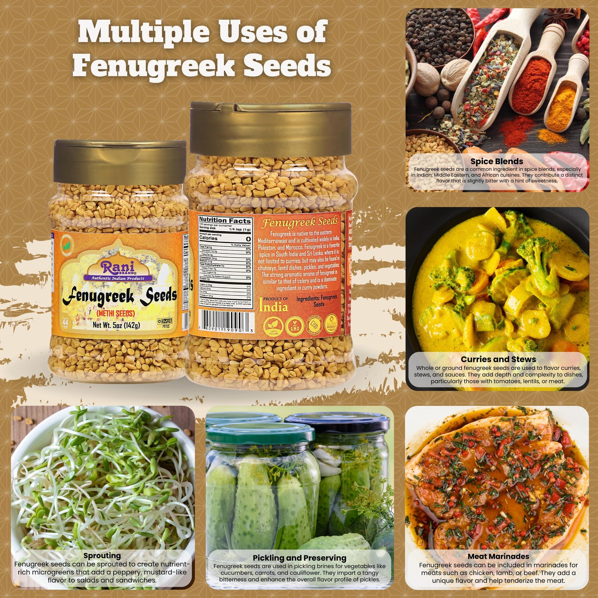 Rani Fenugreek (Methi) Seeds Whole 5oz (141g) PET Jar, Trigonella foenum graecum ~ All Natural | Vegan | Gluten Friendly | Non-GMO | Kosher | Indian